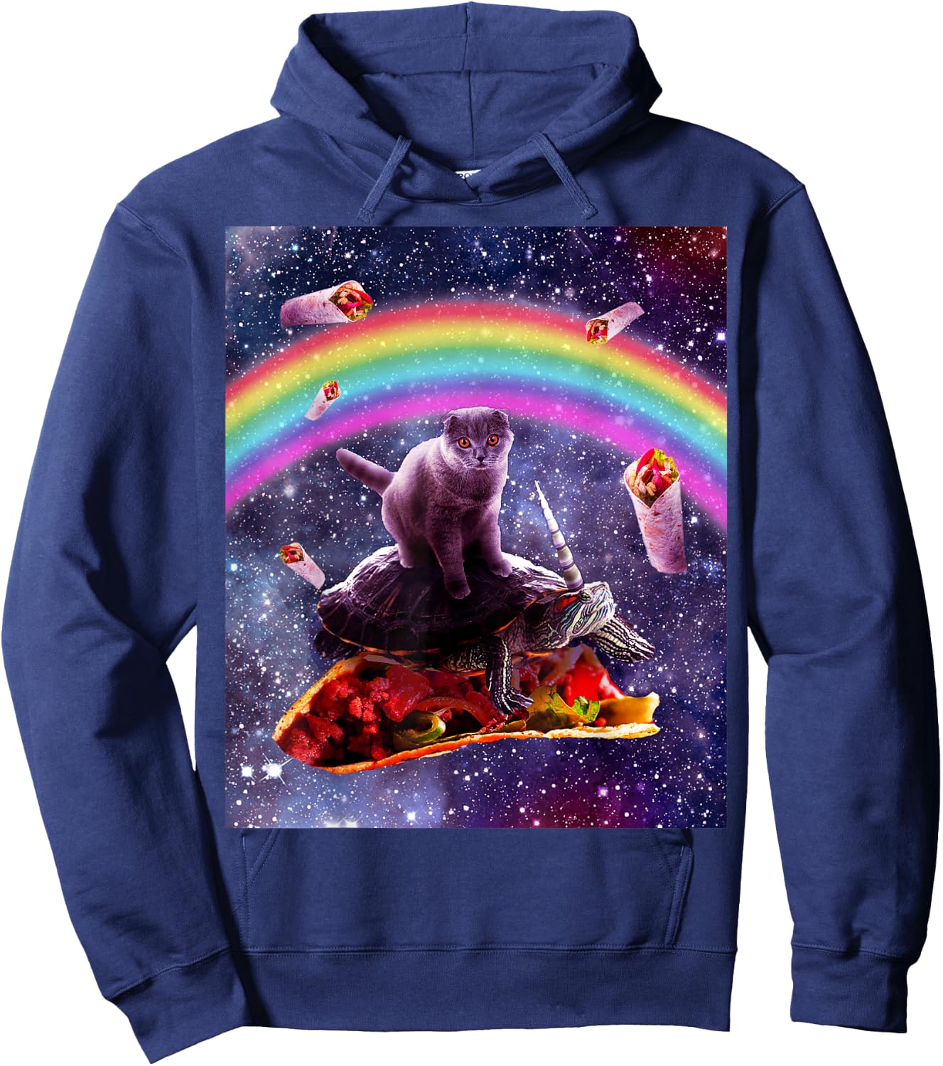 Space Cat Riding Turtle Unicorn - Taco & Burrito Hoodie - Hoodie | Navy