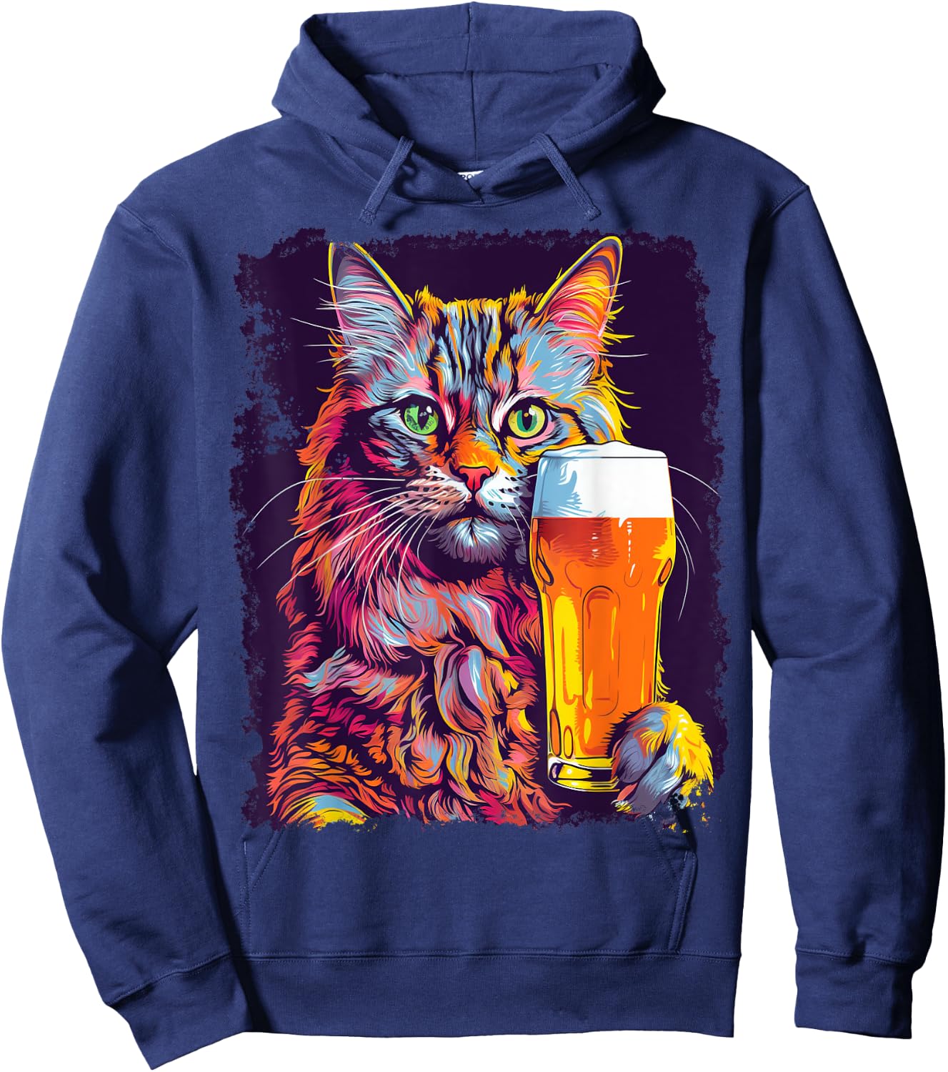 Noah&Friends Cat Drinking Beer -Adults Black Small Classic Fit U-Neck Hoodie - Hoodie | Navy