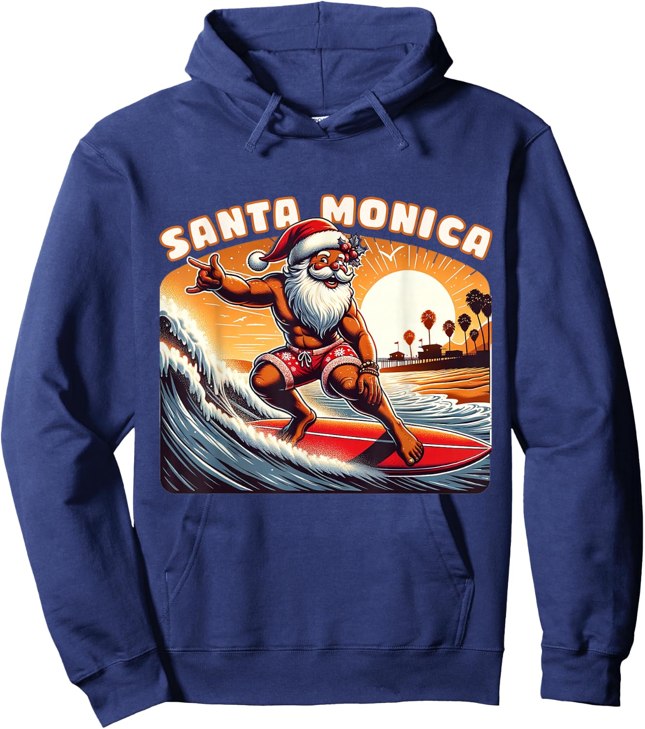 Santa Monica Claus Christmas Santa Monica California Surfer Hoodie - Hoodie | Navy