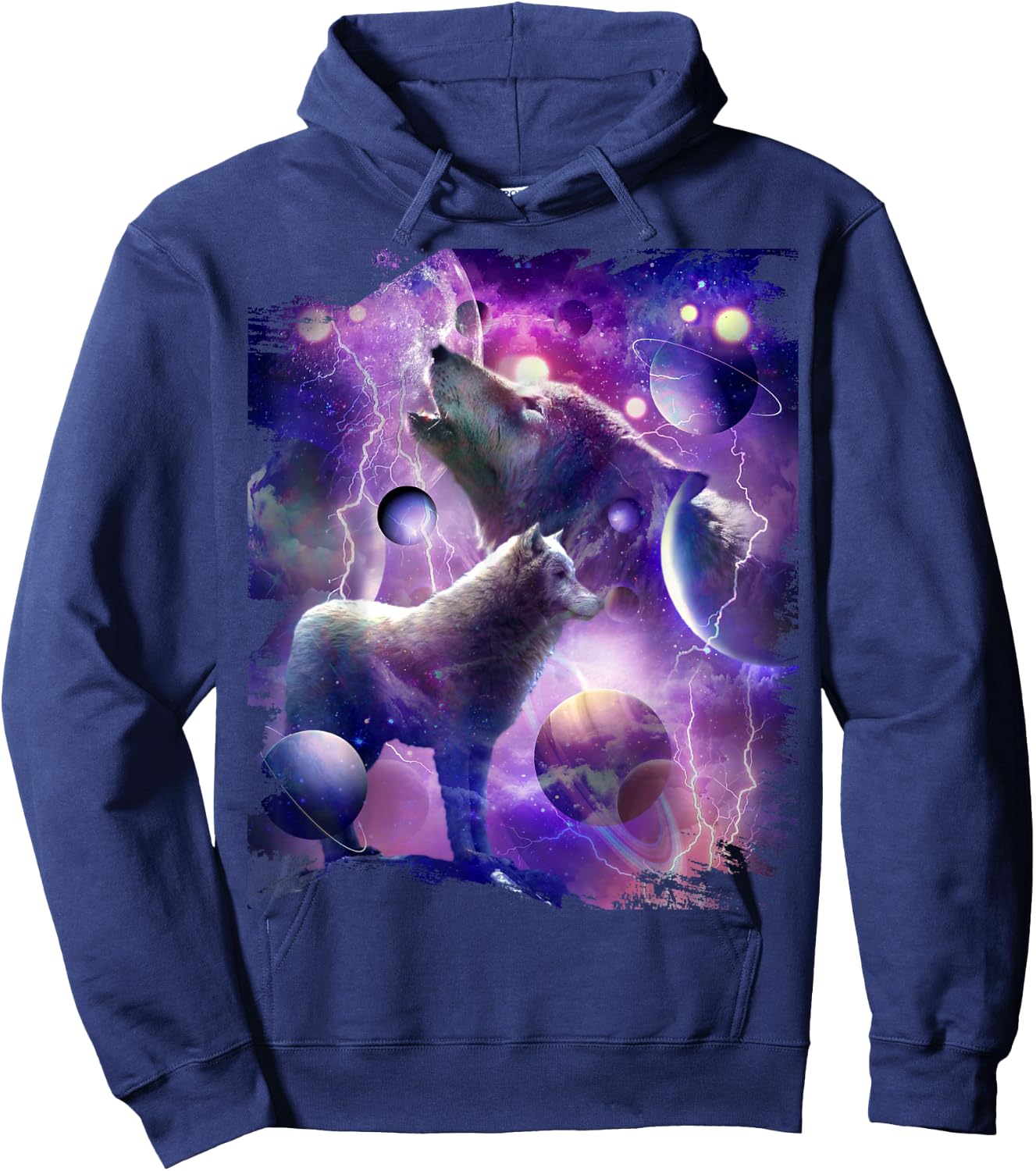 Cosmic Wolf Howling at Moon in Space Hoodie - Hoodie | Navy