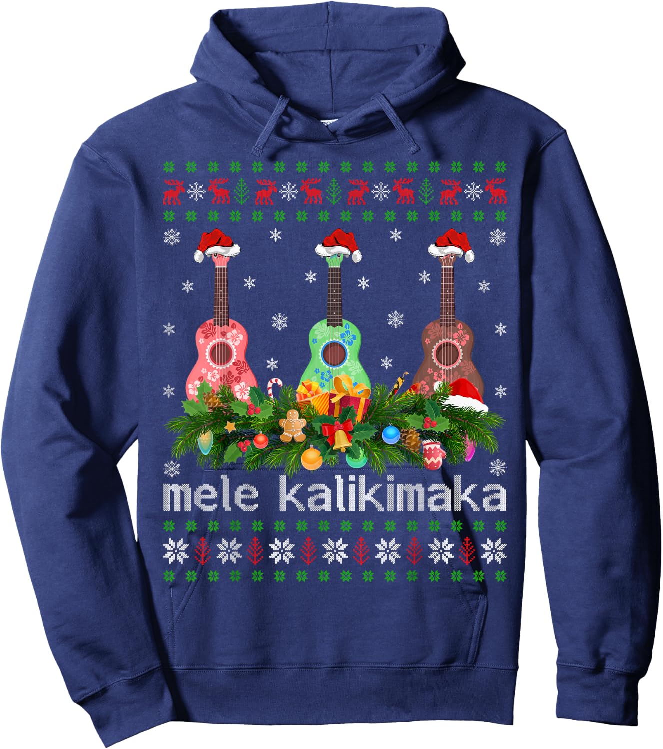 Mele Kalikimaka Ukulele Guitar Gift Ugly Ukulele Christmas Hoodie - Hoodie | Navy