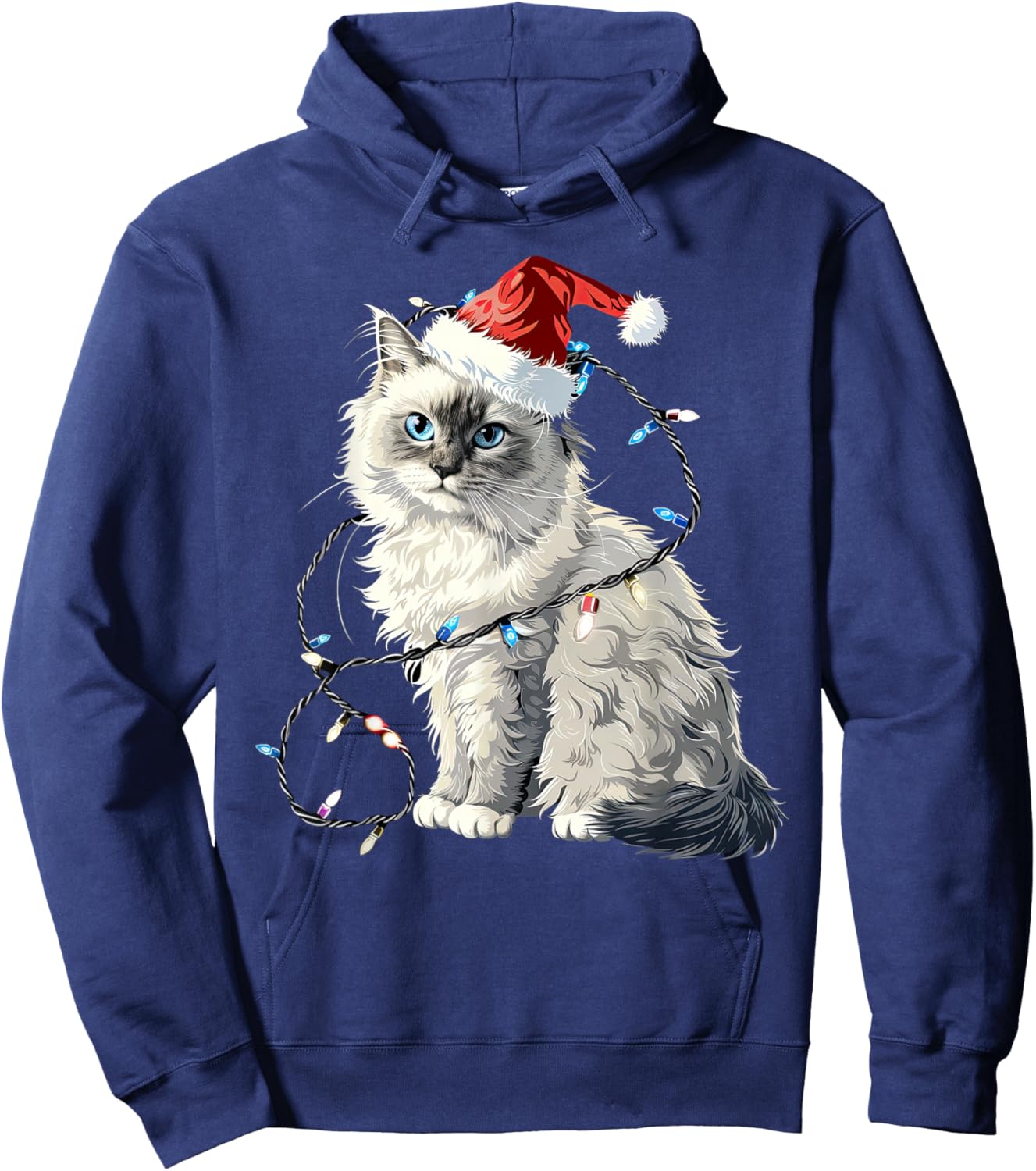 Cute Ragdoll Cat Santa Hat Christmas Lights Feline Hoodie - Hoodie | Navy