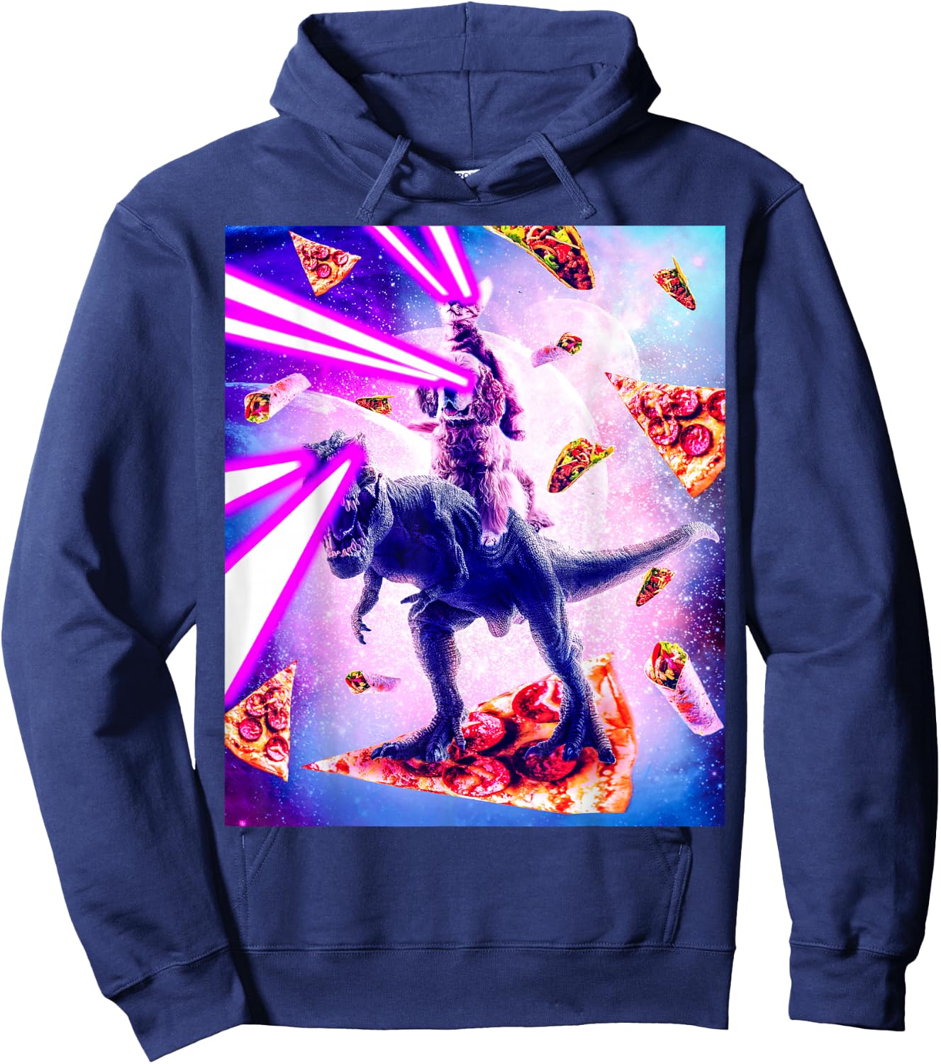Laser Eyes Space Cat Riding Dog And Dinosaur Hoodie - Hoodie | Navy