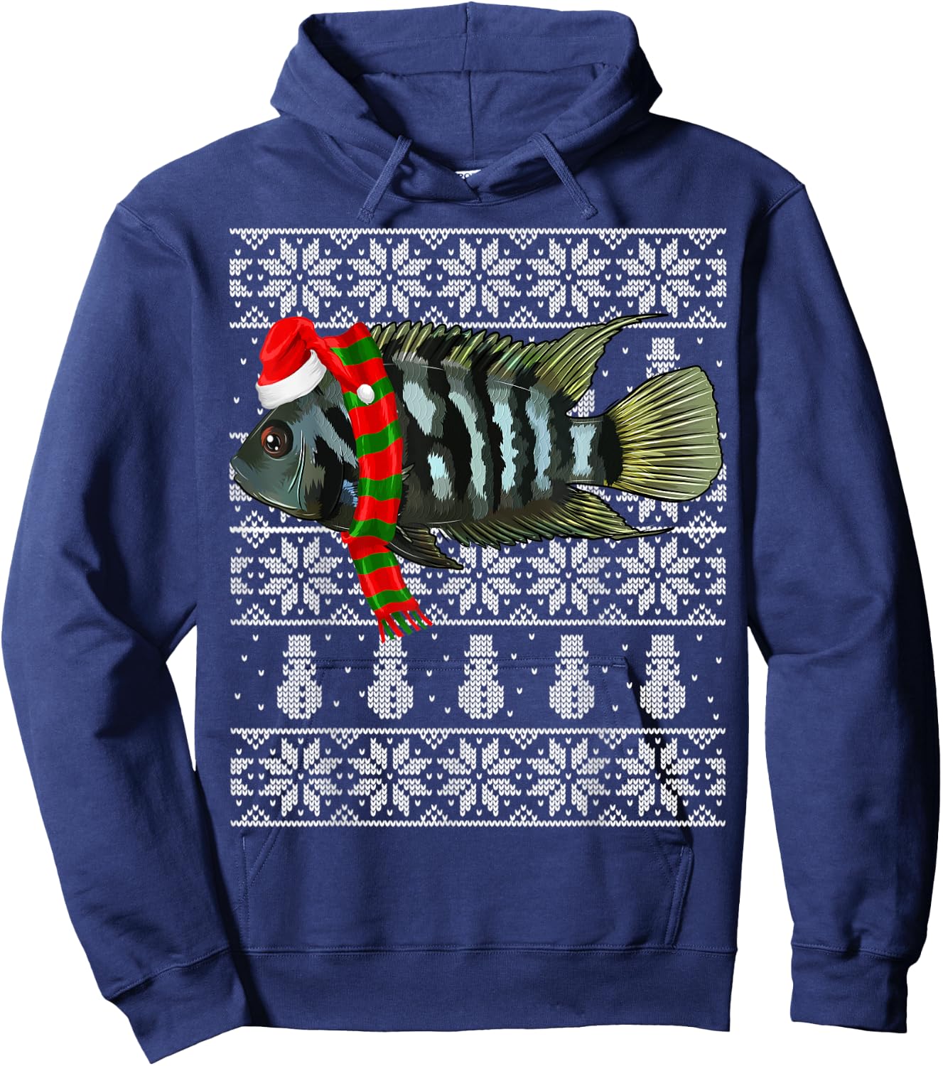 Fish Xmas Santa Hat Convict Cichlids Ugly Christmas Hoodie - Hoodie | Navy