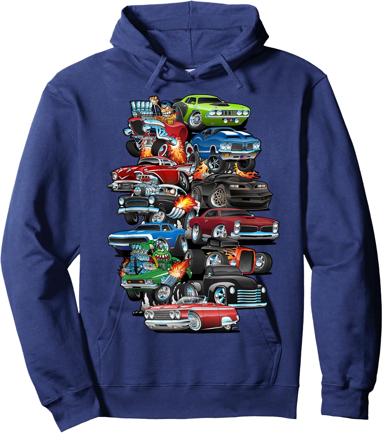 Car Madness! Muscle Cars, Classic Cars and Hotrods Cartoon Hoodie - Hoodie | Navy