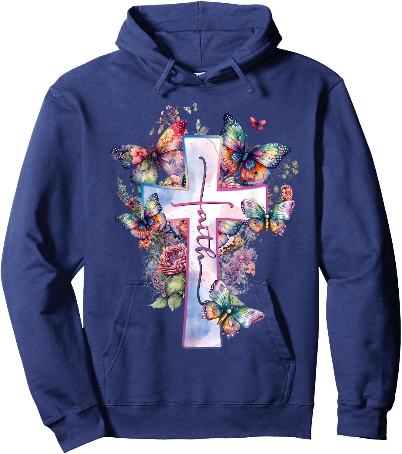 Faith-Cross Floral Butterflies Christ Flowers Religious Hoodie - Hoodie | Navy