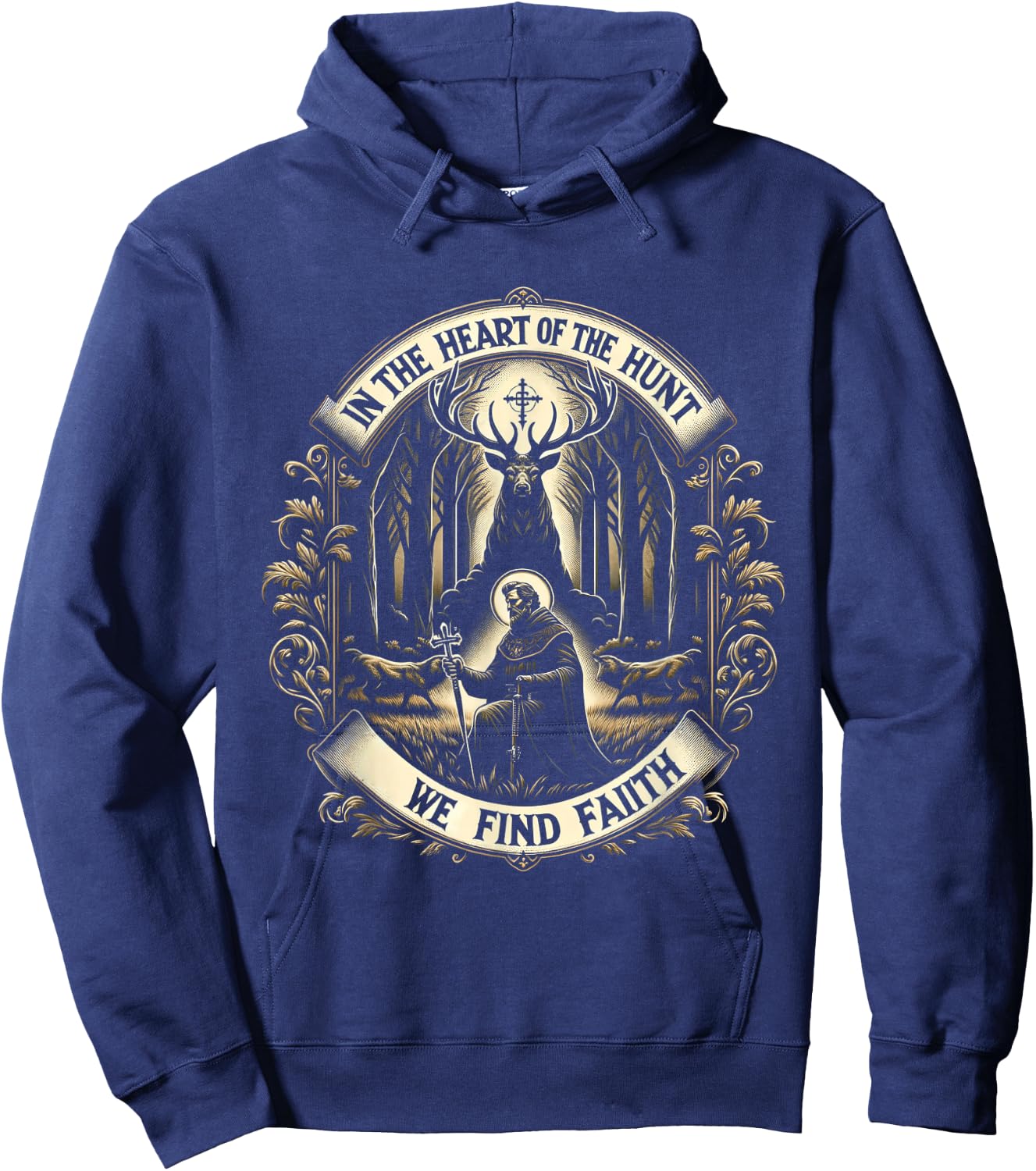 St. Hubertus Patron Hunter & Stag - Christian Faith Hoodie - Hoodie | Navy