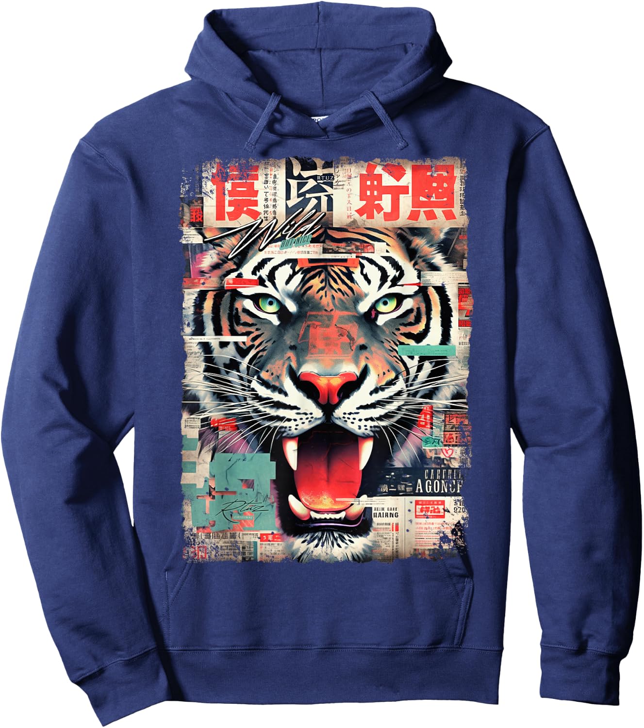 Hip Hop Y2K Vintage Hipster Edgy Urban Streetwear Tiger Hoodie - Hoodie | Navy