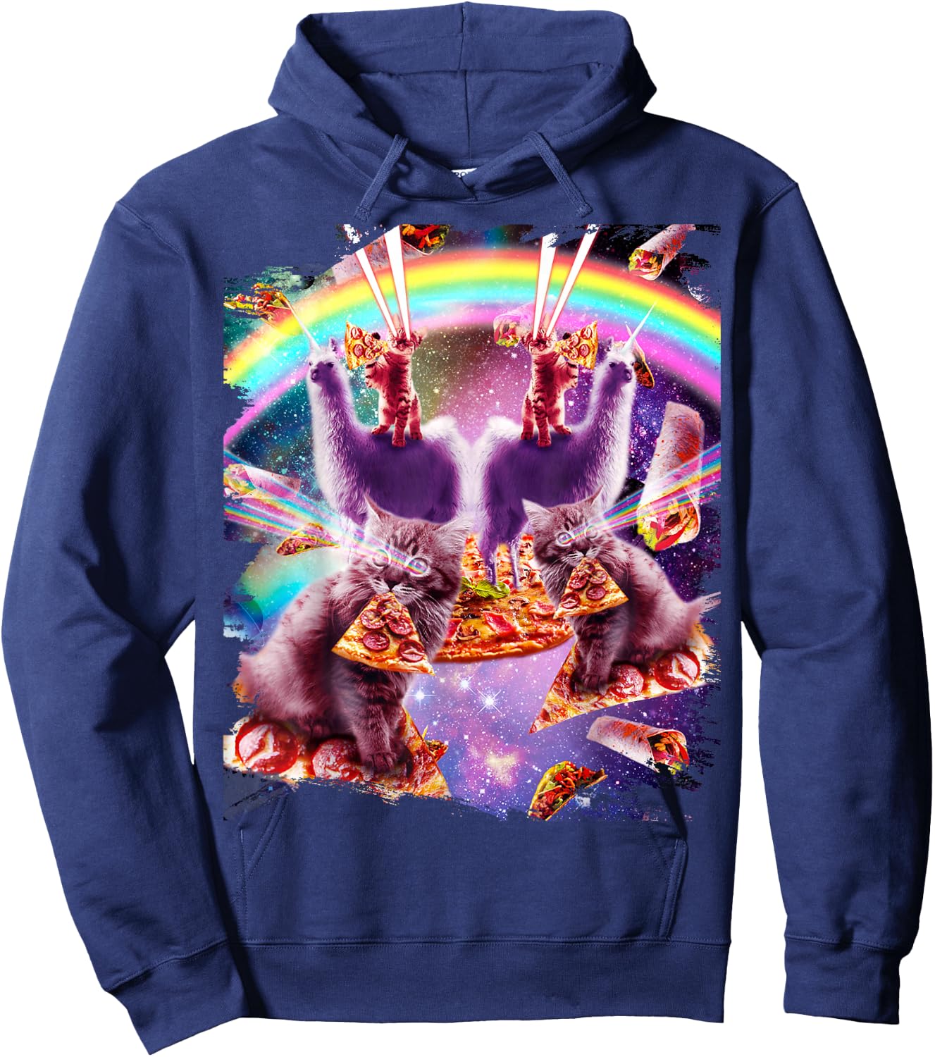 Laser Pizza Cat On Llama, Lazer Kitty Cats In Rainbow Space Hoodie - Hoodie | Navy
