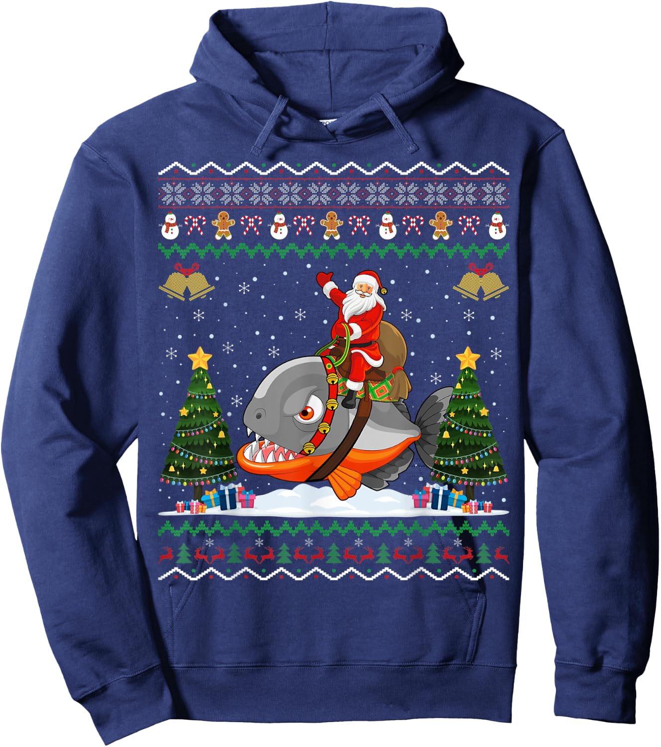 Piranha Ugly Xmas Gift Santa Riding Piranha Christmas Hoodie - Hoodie | Navy
