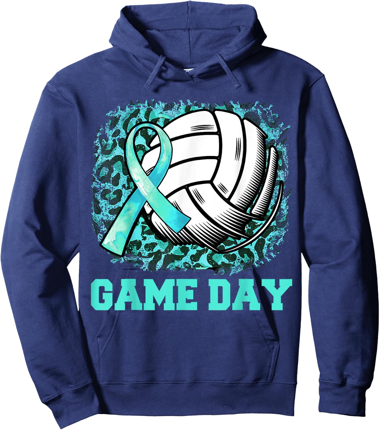 Game Day Cervical Cancer Awareness Ribbon Teal Volleyball Hoodie - Hoodie | Navy