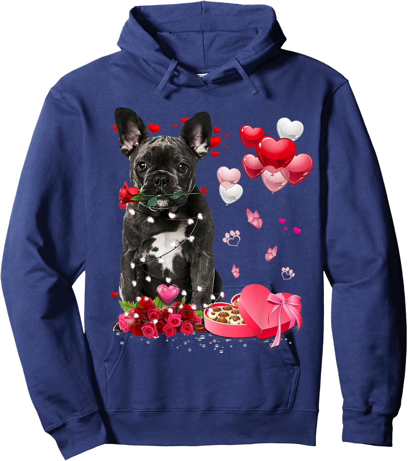 Funny French Bulldog Rose Heart Happy Valentine Day Dog Mom Hoodie - Hoodie | Navy