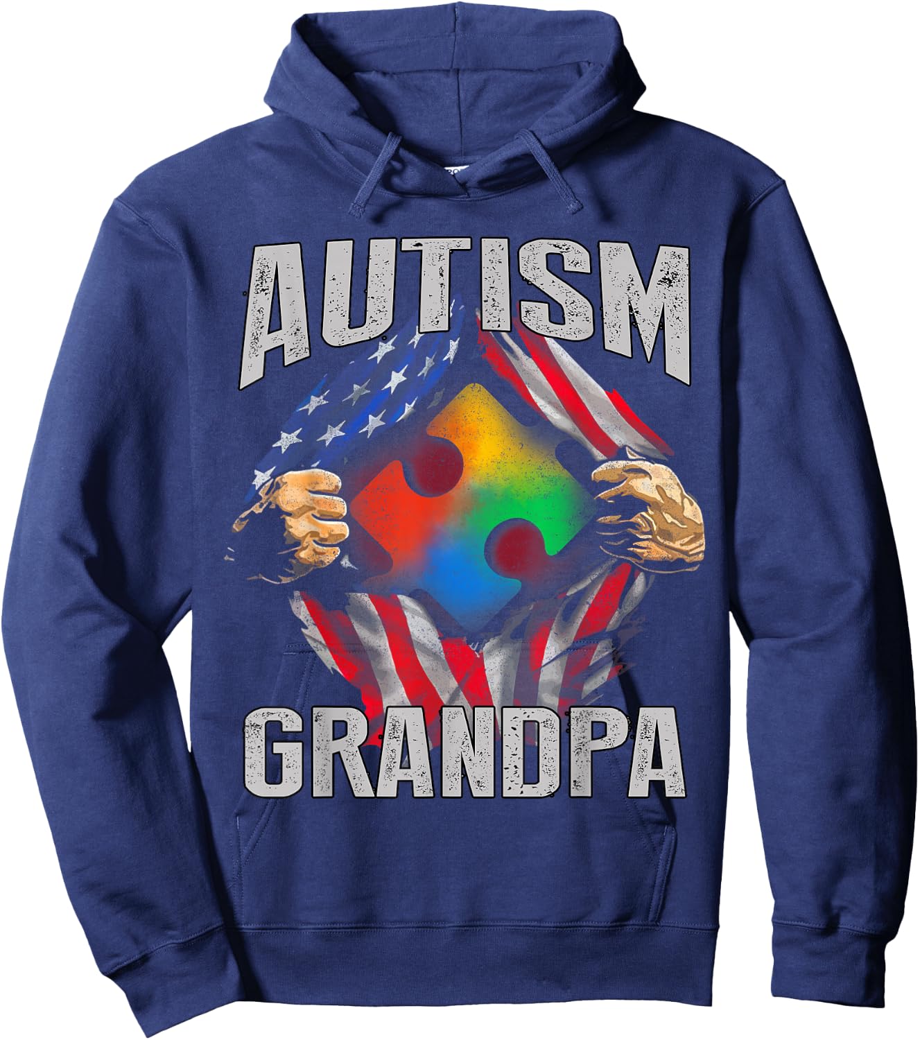 Autism Grandpa American Flag Autism Awareness Hoodie - Hoodie | Navy