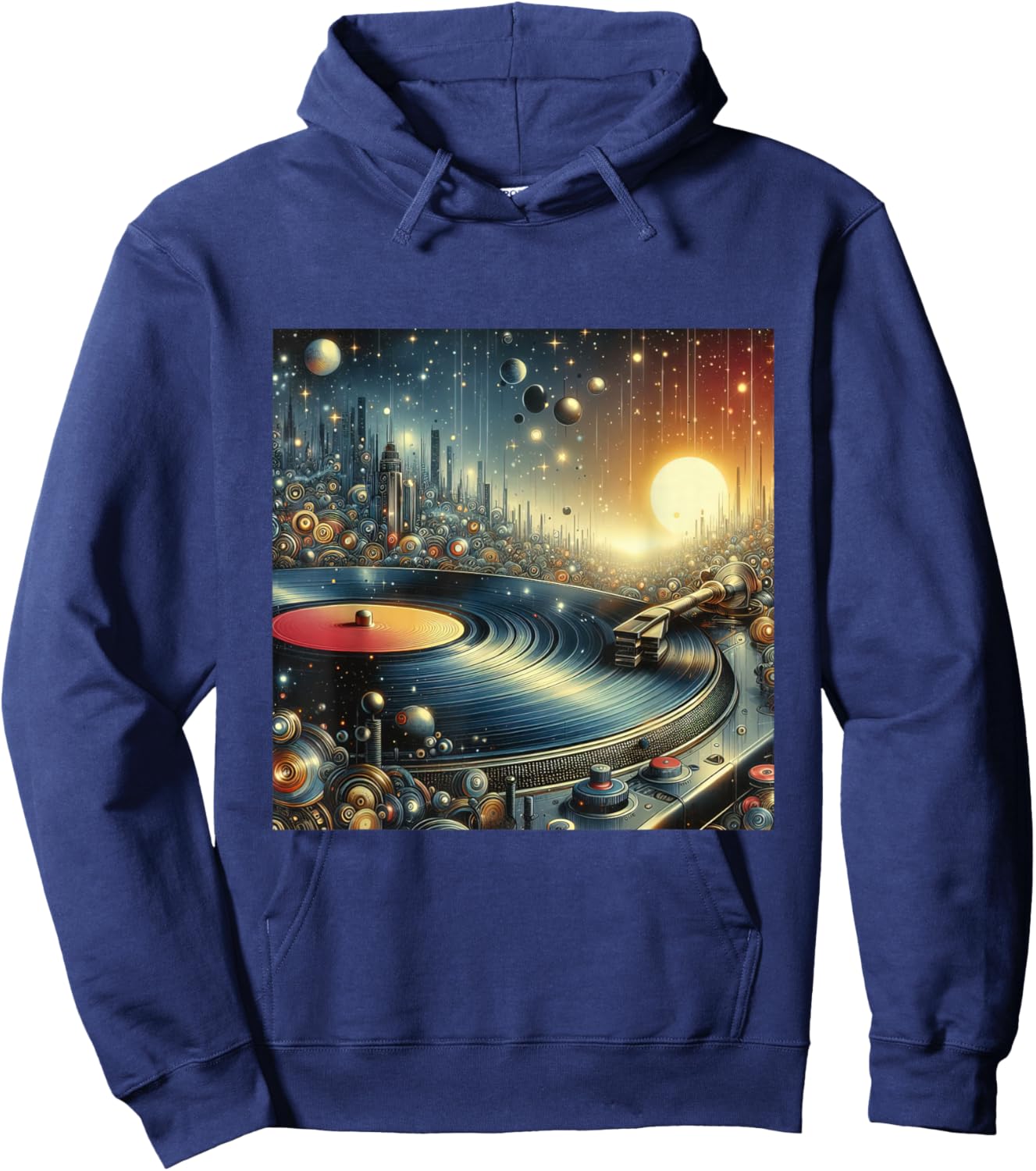 Futuristic Space City Vinyl Record Player Sci-Fi Cityscape Hoodie - Hoodie | Navy