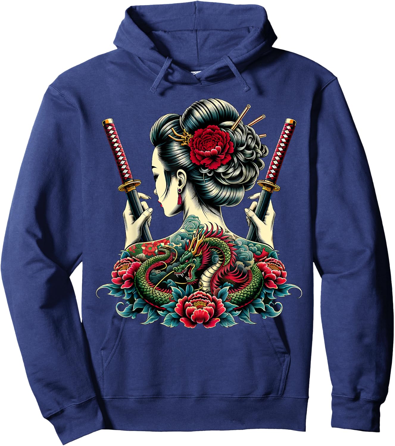 Geisha Warrior, Katana Sword with Peony flower Dragon Tattoo Hoodie - Hoodie | Navy