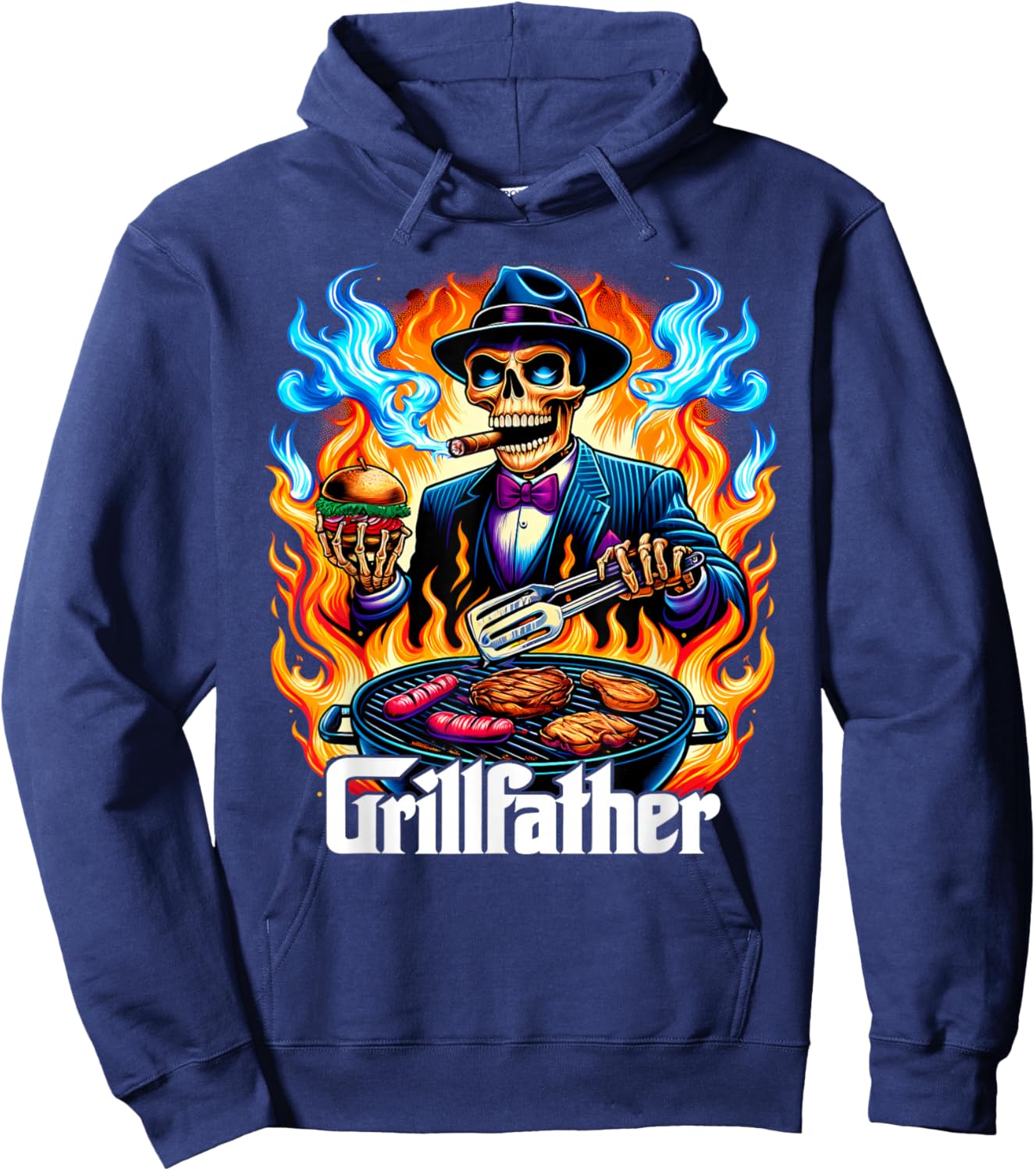 The Grillfather BBQ Grill & Smoker Barbecue Chef Skeleton Hoodie - Hoodie | Navy