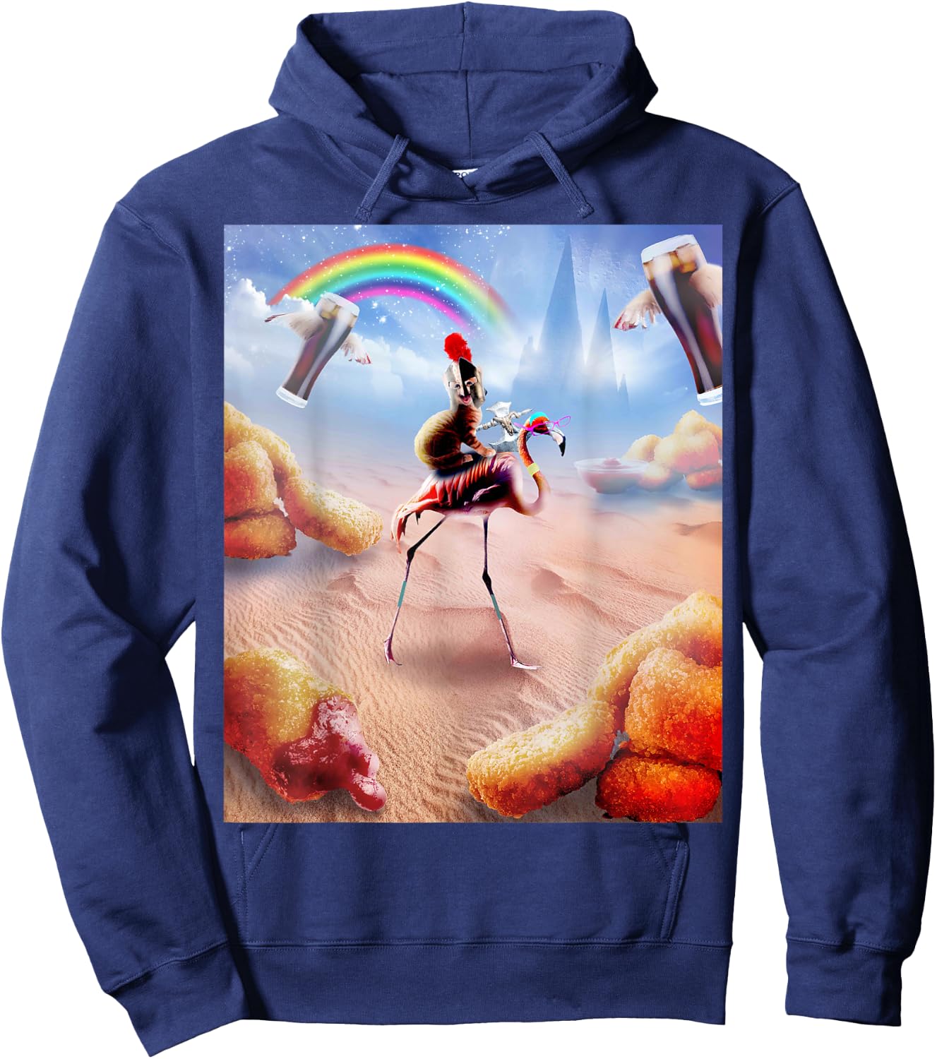Cat Riding Flamingo With Chicken Nuggets And Cola Hoodie - Hoodie | Navy