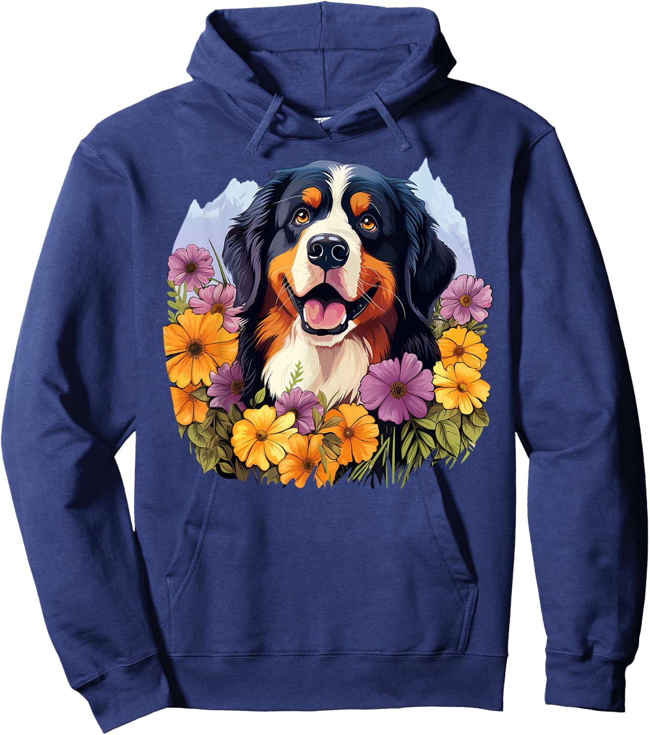 Cute Bernese Mountain Dog in Spring Flower Garden Puppy Men Women Girls Kids Hoodie - Hoodie | Navy