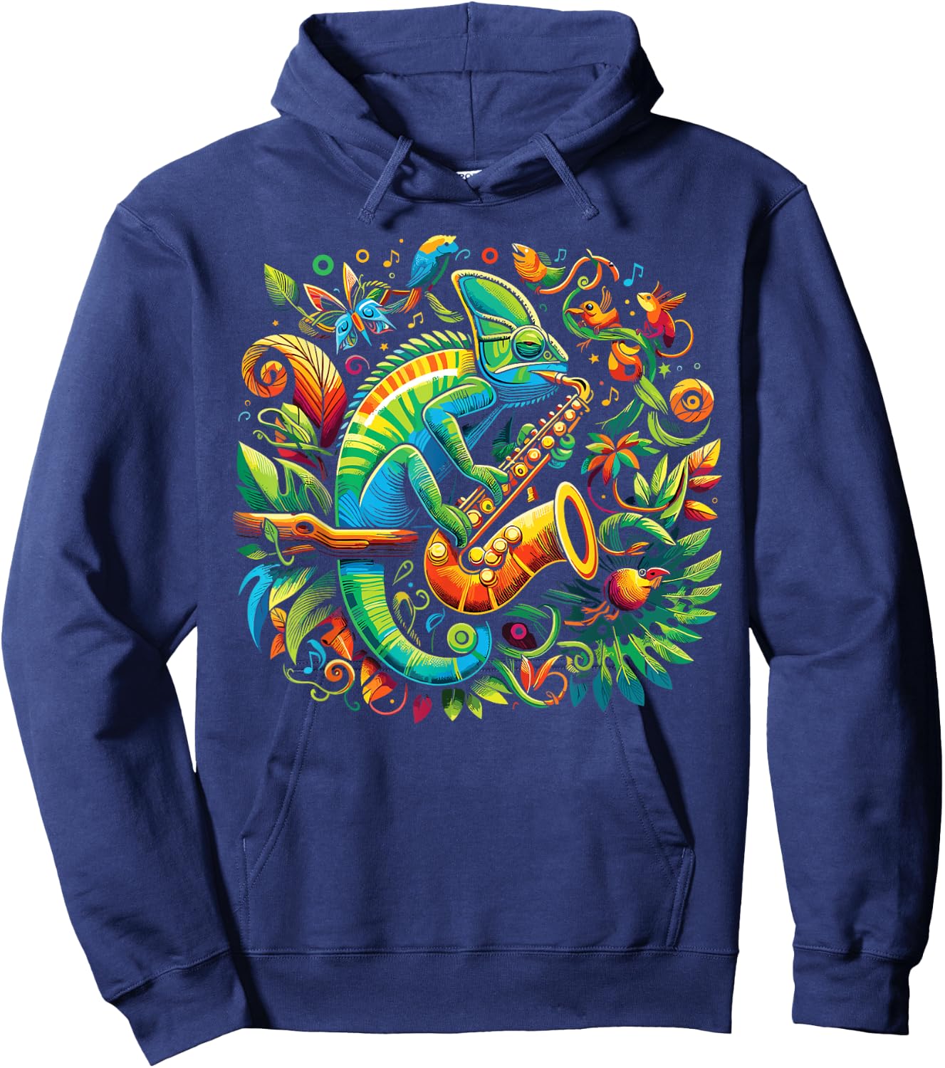 Colorful Chameleon Playing Saxophone | Sax Music Art Hoodie - Hoodie | Navy