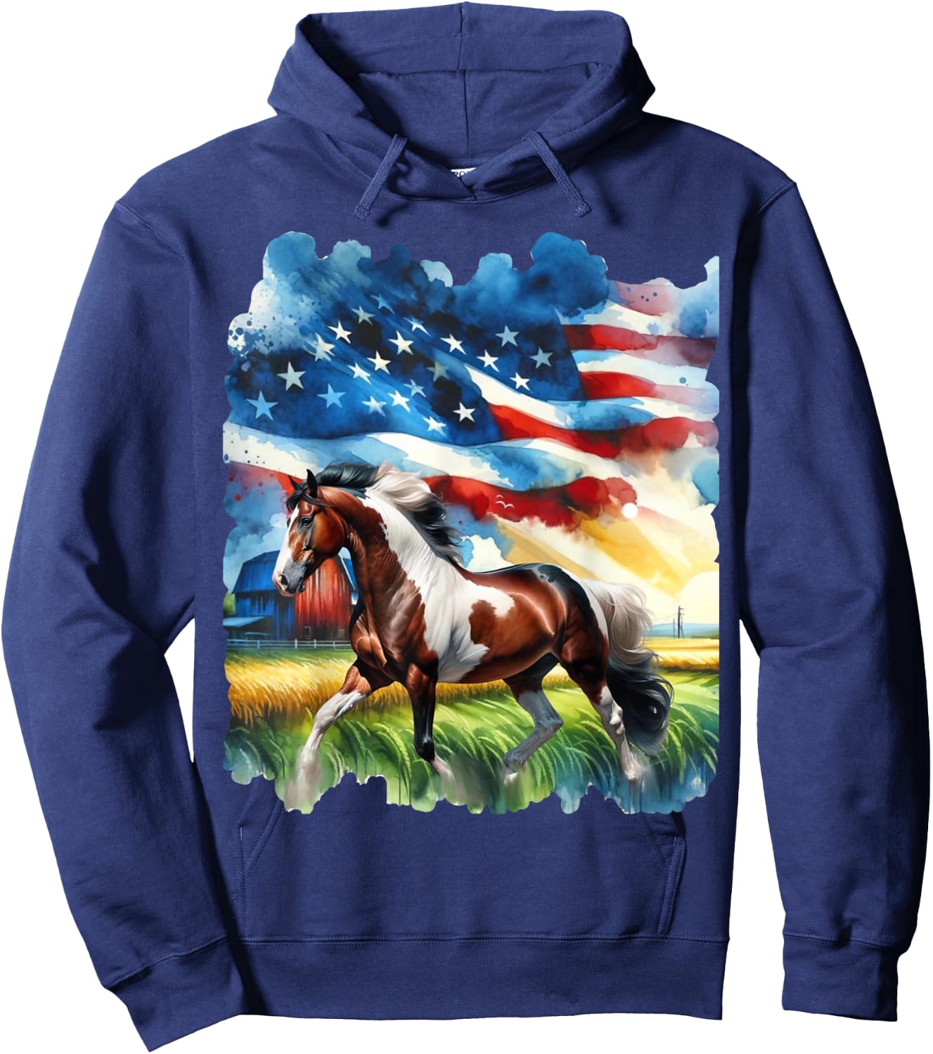 Patriotic Country Paint Horse with American Flag Women Kids Men Hoodie - Hoodie | Navy