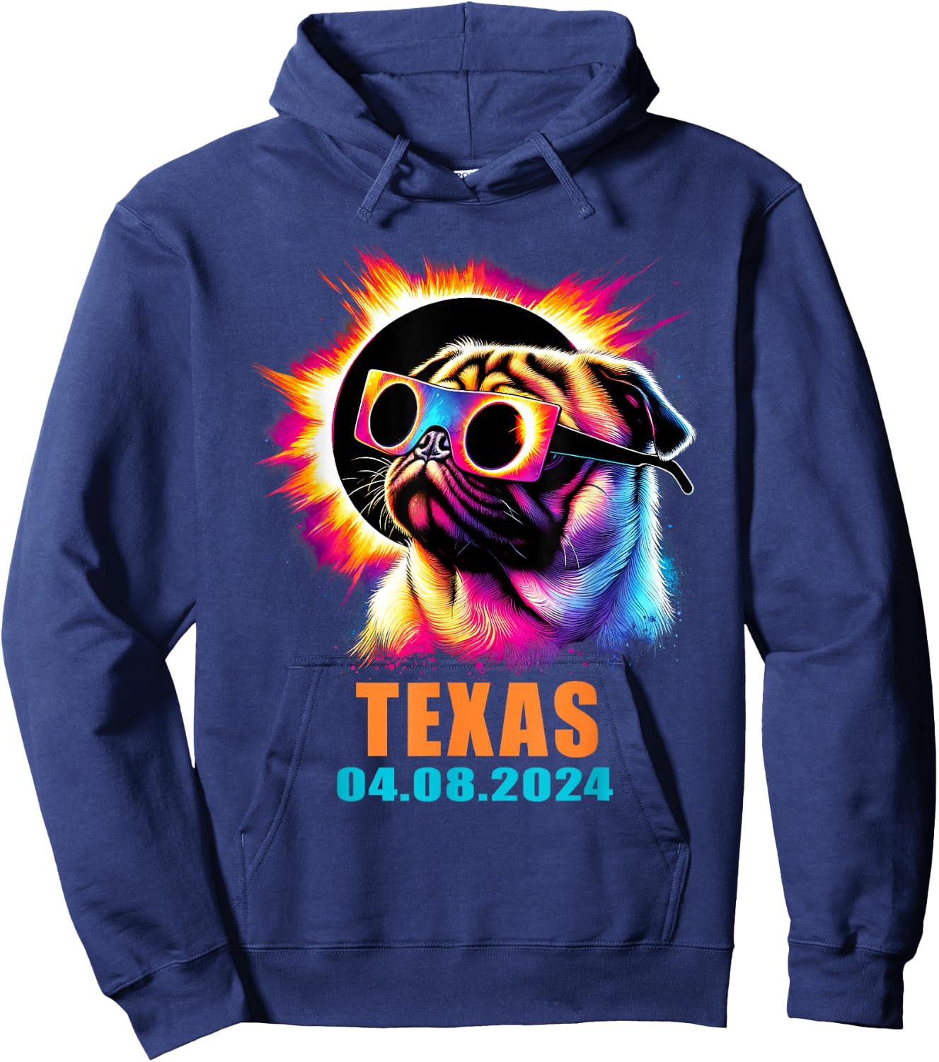 Texas Total Solar Eclipse 2024 Pug Dog With Glasses Women Kids Hoodie - Hoodie | Navy