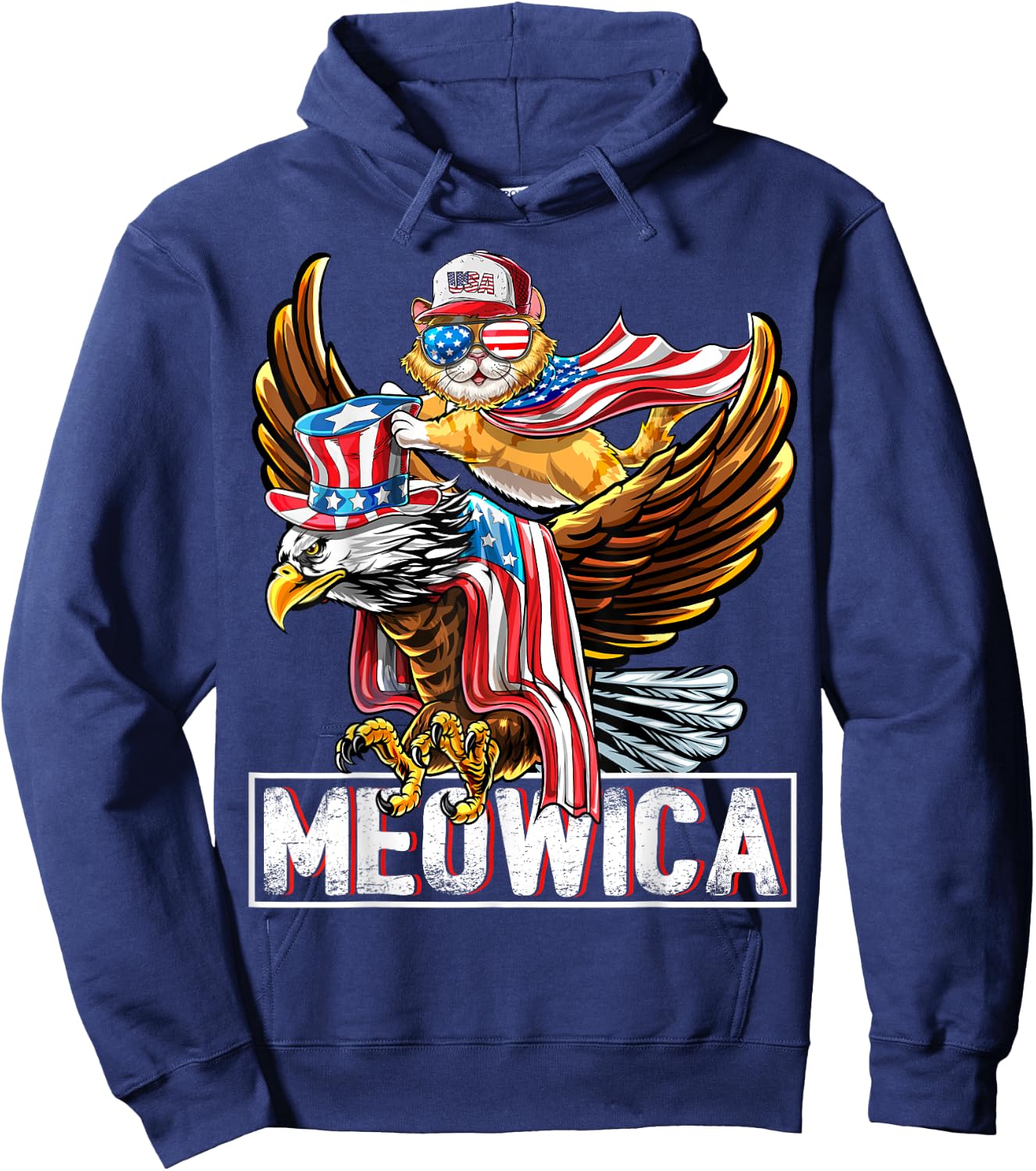 Meowica Cat Bald Eagle 4th of July Patriotic American Flag Women Kids Men Hoodie - Hoodie | Navy