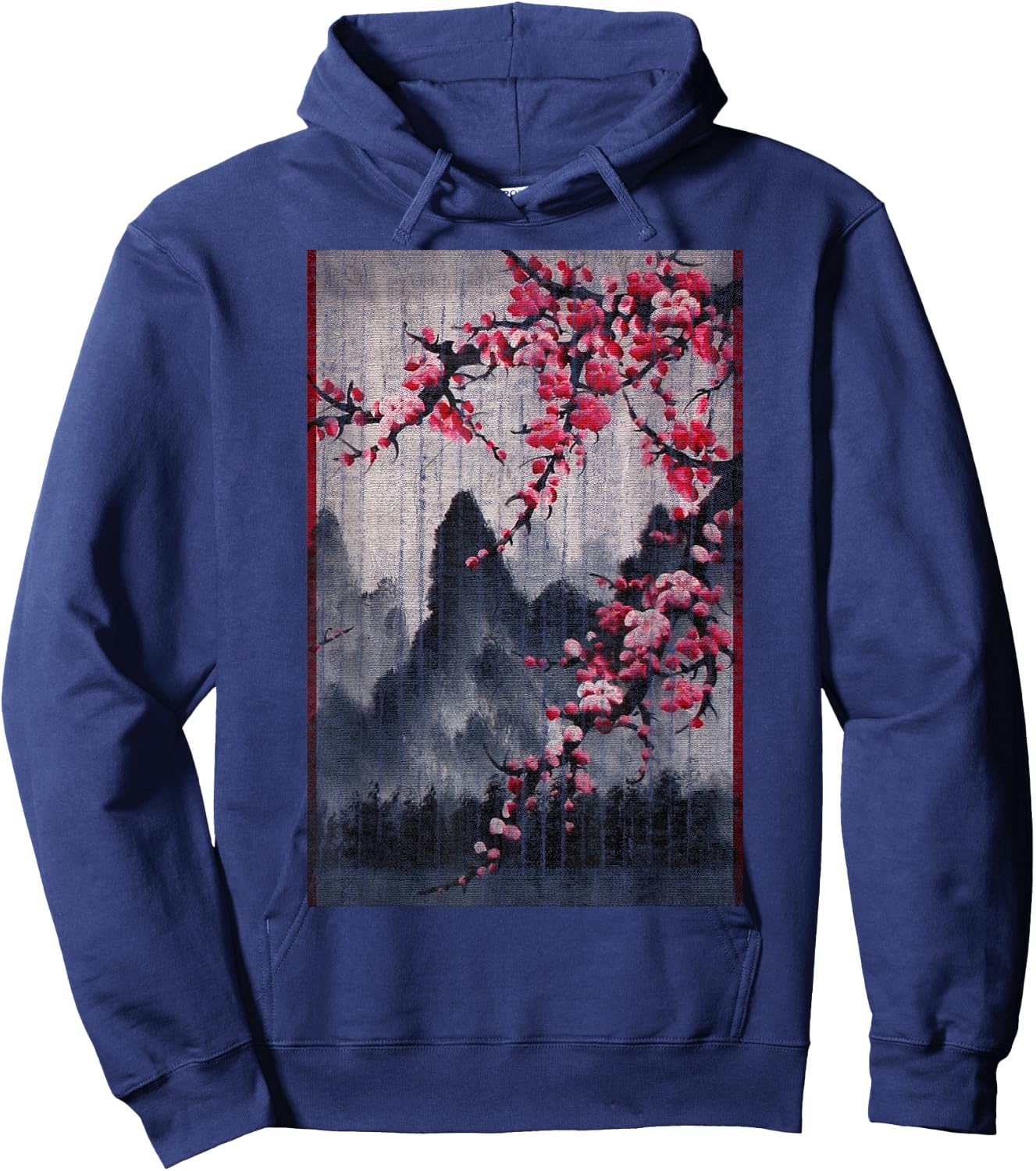 Vintage Cherry Blossom Woodblock Japanese Graphical Art Hoodie - Hoodie | Navy