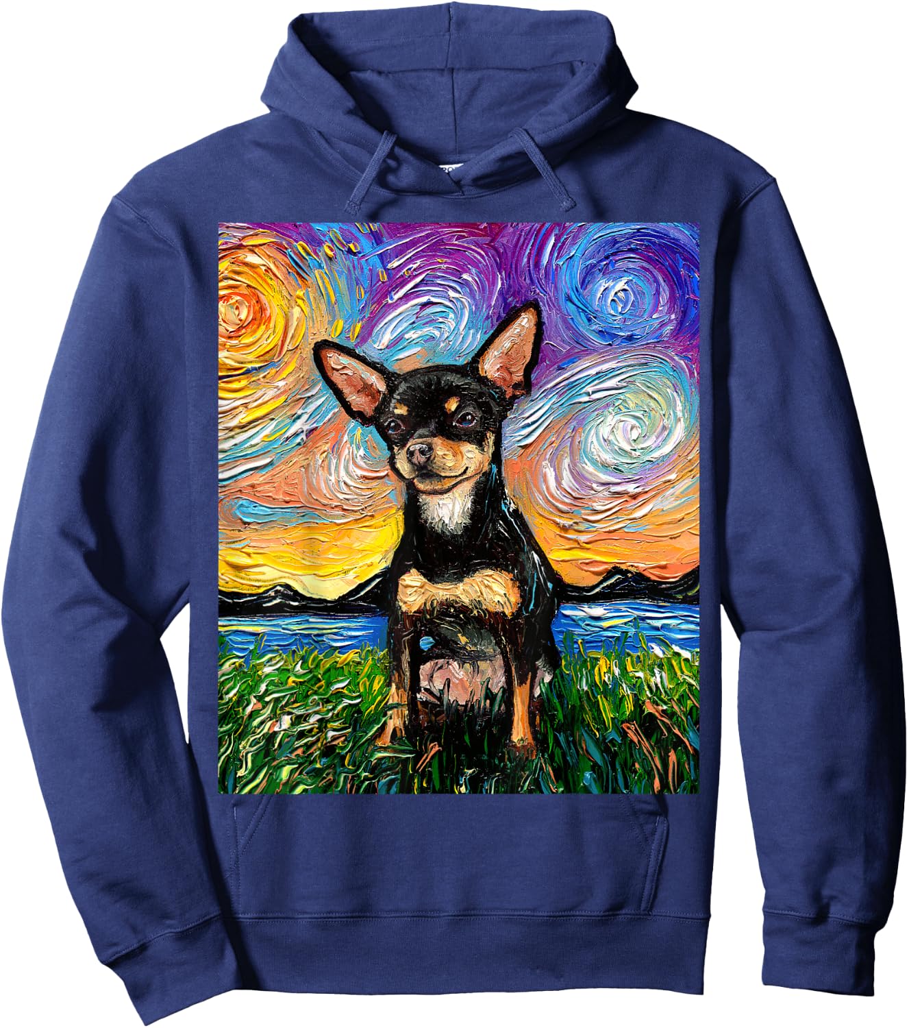 Black and Tan Smooth Chihuahua Starry Night Dog Artwork Hoodie - Hoodie | Navy