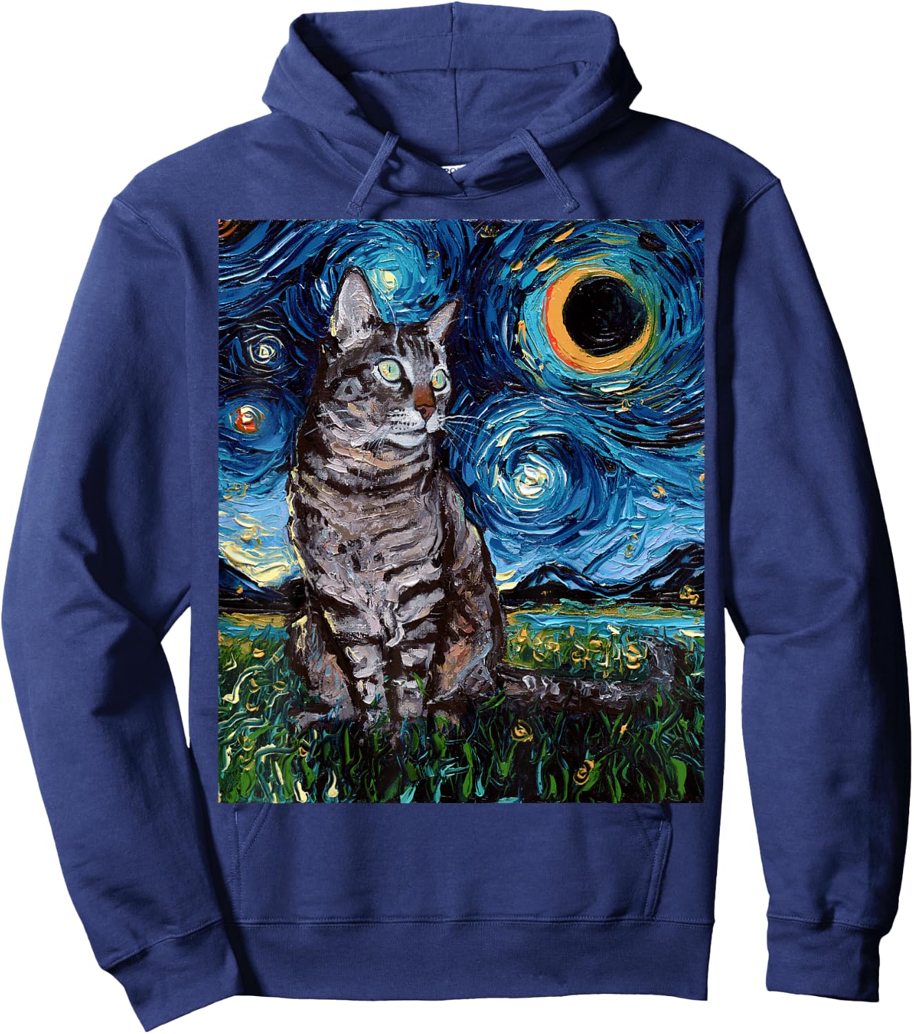 Gray Tabby Tiger Cat Starry Night Moon and Stars Art by Aja Hoodie - Hoodie | Navy