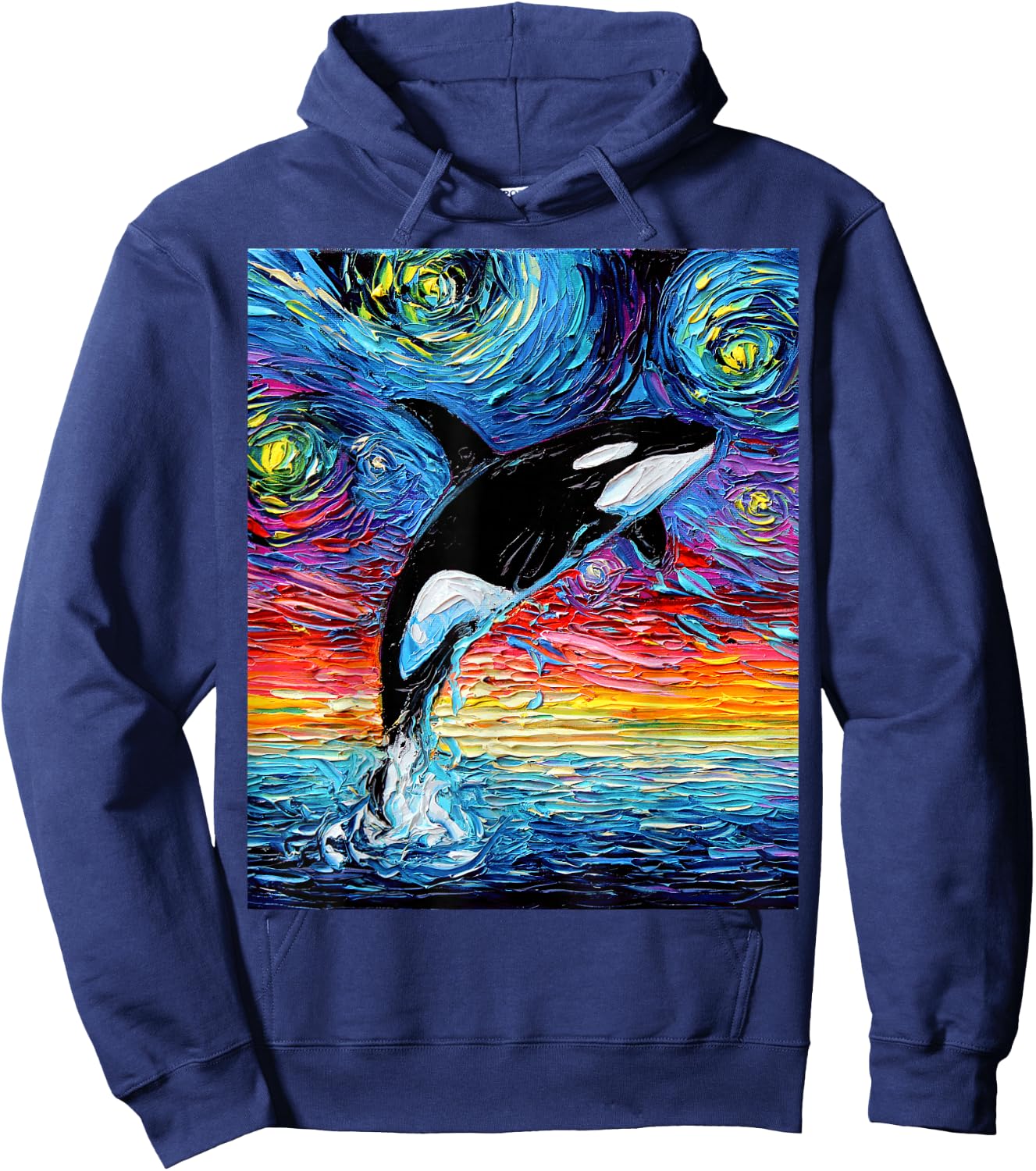 Orca Killer Whale Starry Night Colorful Ocean Art by Aja Hoodie - Hoodie | Navy