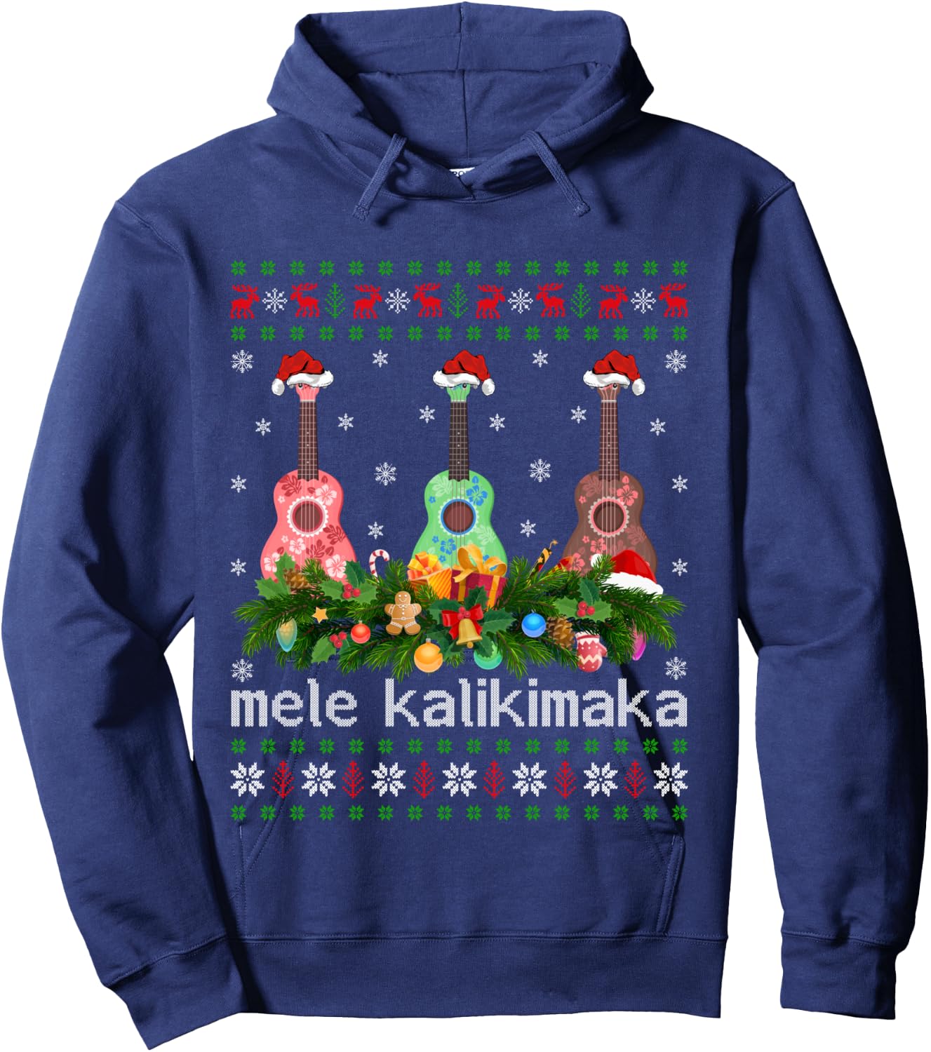 Mele Kalikimaka Ukulele Guitar Gift Ugly Ukulele Christmas Hoodie - Hoodie | Navy