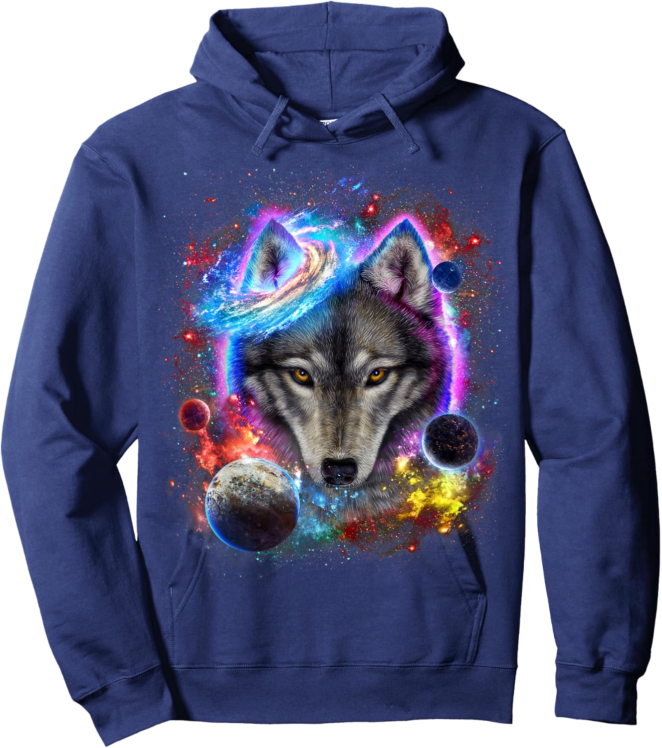 Cosmic Wolf Surrounded by Planet and Stars in Galactic Scene Hoodie - Hoodie | Navy