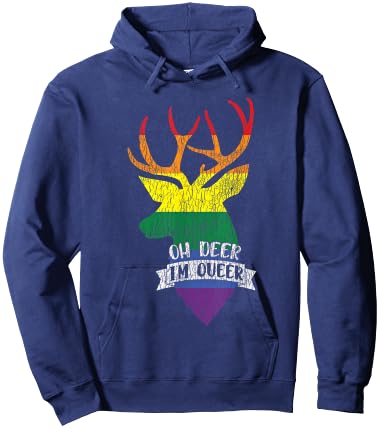 Vintage Rainbow Oh Deer I'm Queer Pride Lesbian Gay LGBTQ Hoodie - Hoodie | Navy