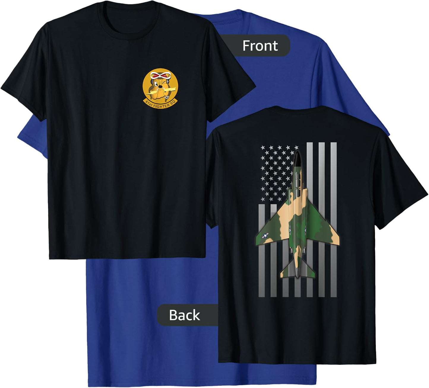 61st Fighter Squadron F-4 Phantom II and US Flag T-Shirt - T-Shirt | Royal