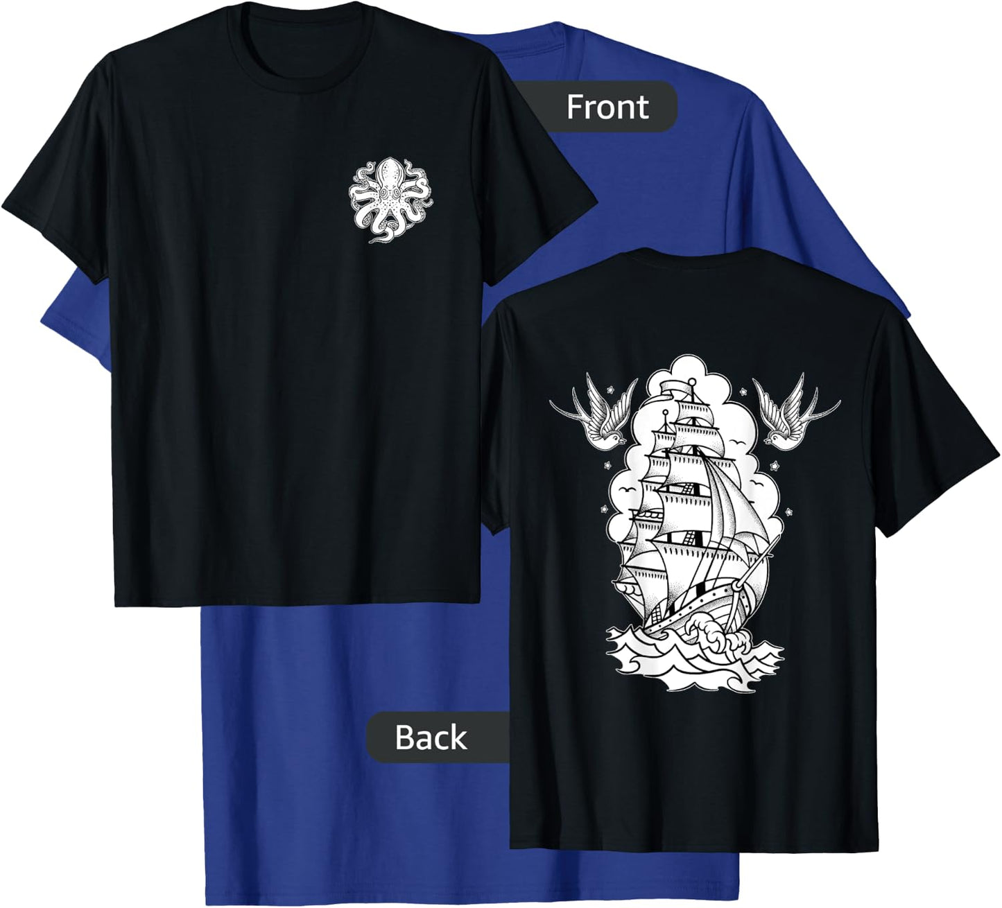 Octopus, Old School Sailor Tattoo Clipper Ship and Swallows T-Shirt - T-Shirt | Royal