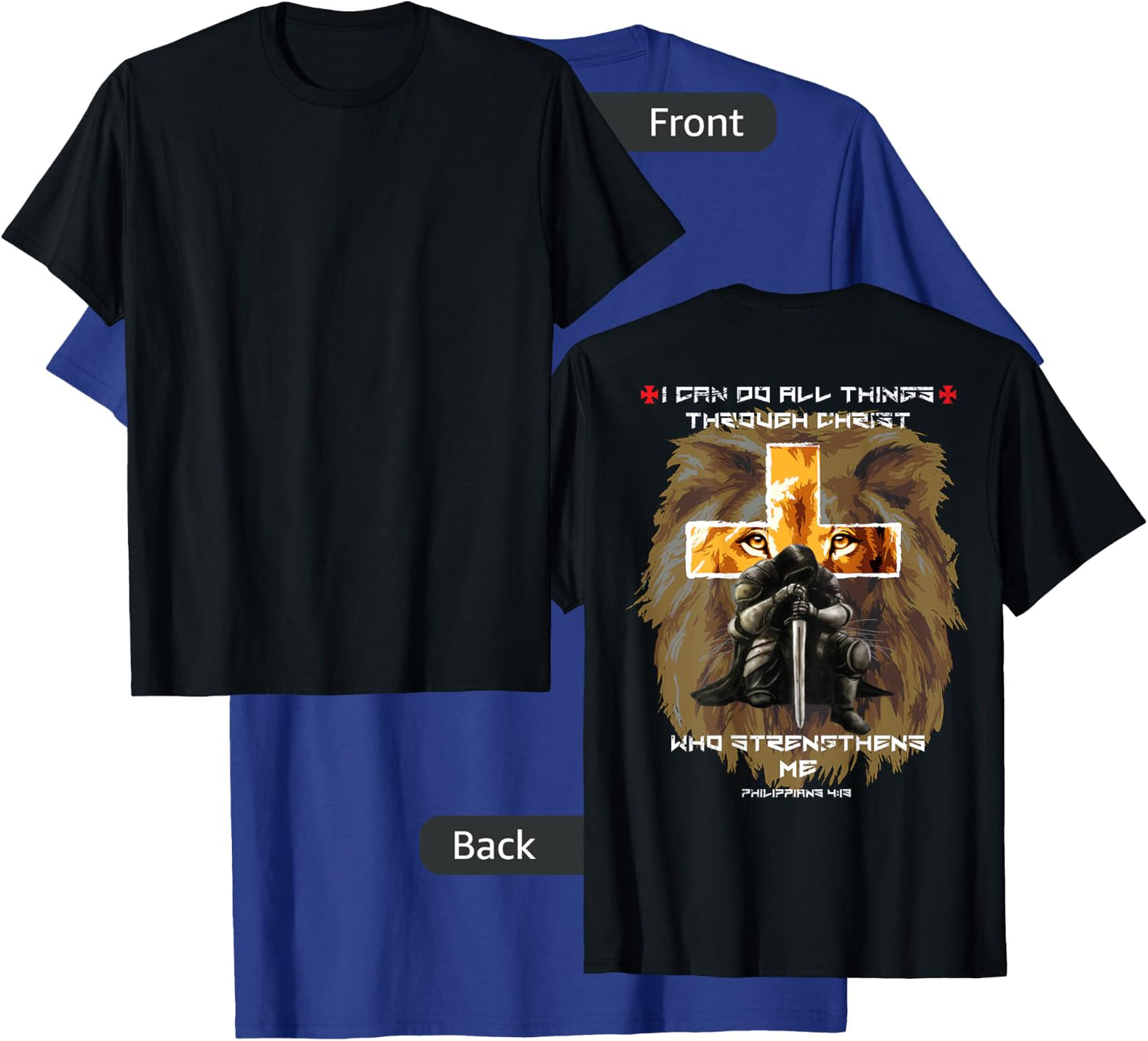 Back Print Bible Verse Gifts Men Dad Christian Lion Cross T-Shirt - T-Shirt | Royal