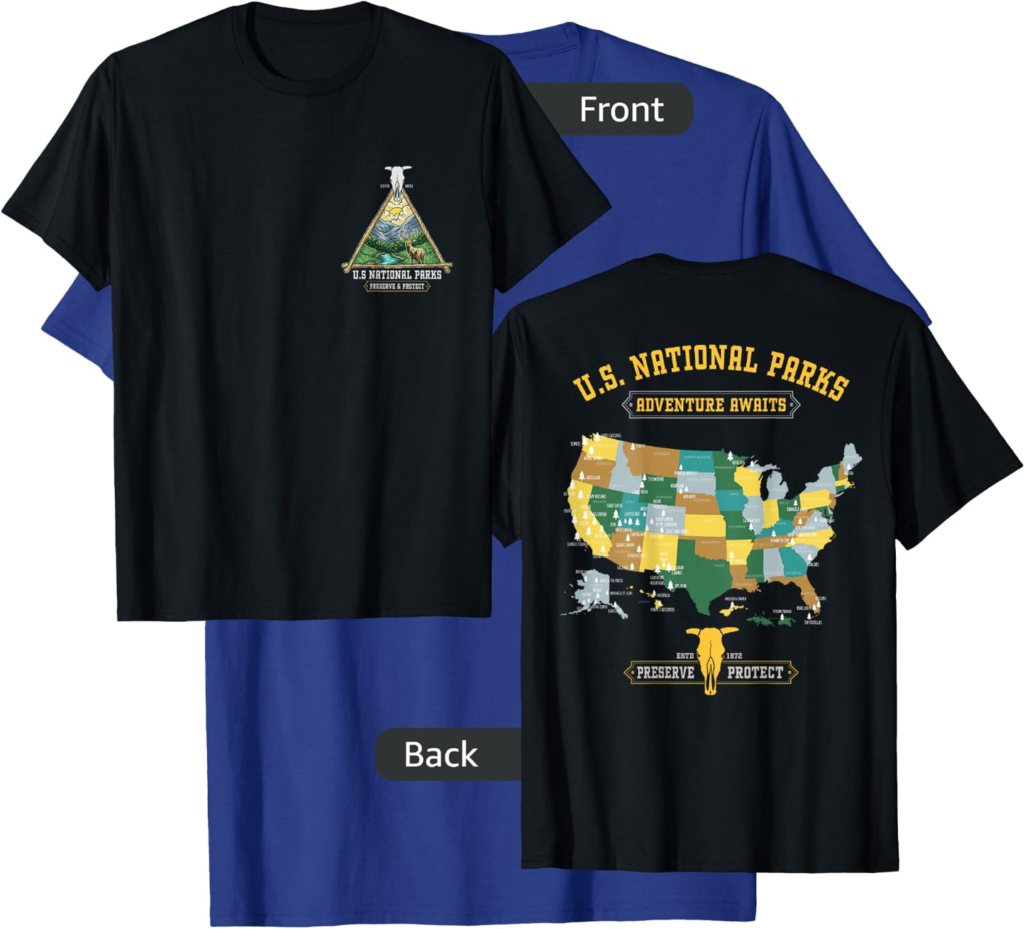 All 63 US National Parks Adventure Map Graphic(+ back print) T-Shirt - T-Shirt | Royal