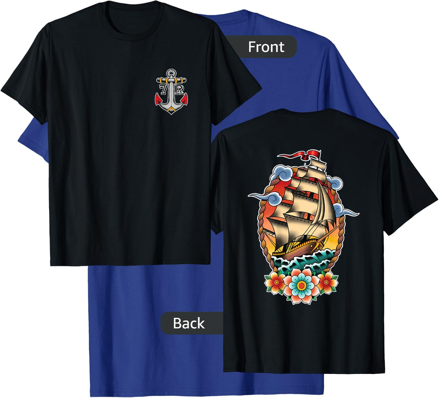 Old School American Traditional Tattoo Flash Clipper Ship T-Shirt - T-Shirt | Royal