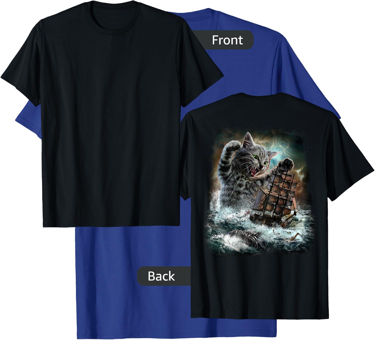 Giant Cat as Kraken Sea Monster Ambush a War Ship in Ocean T-Shirt - T-Shirt | Royal