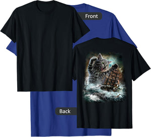 Giant Cat as Kraken Sea Monster Ambush a War Ship in Ocean T-Shirt - T-Shirt | Royal