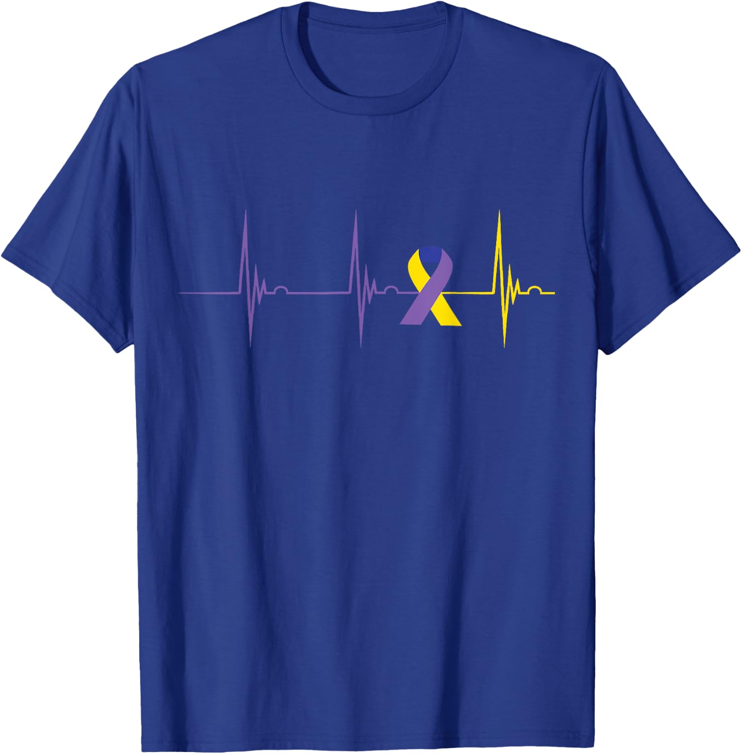 Blue Yellow Purple Ribbon Heartbeat EKG Pulse Bladder Cancer T-Shirt - T-Shirt | Royal