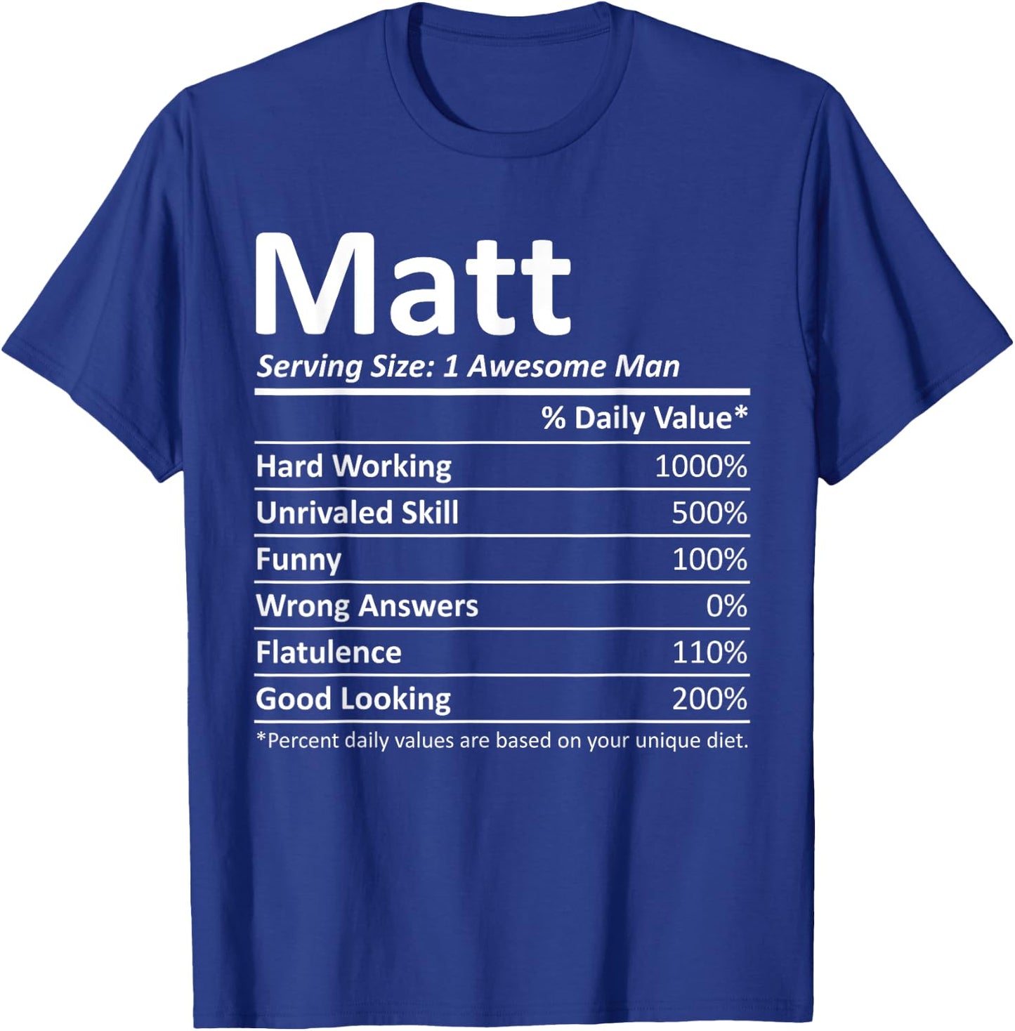 Custom Christmas Father's Day Men Nutrition Facts Matt Nutrition Funny Birthday Personalized Name Gift T-Shirt - T-Shirt | Royal