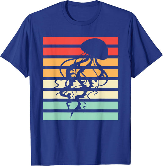 Ocean Animal Beautiful Jellyfish -Adults Black Retro Jellyfish T-Shirt - T-Shirt | Royal