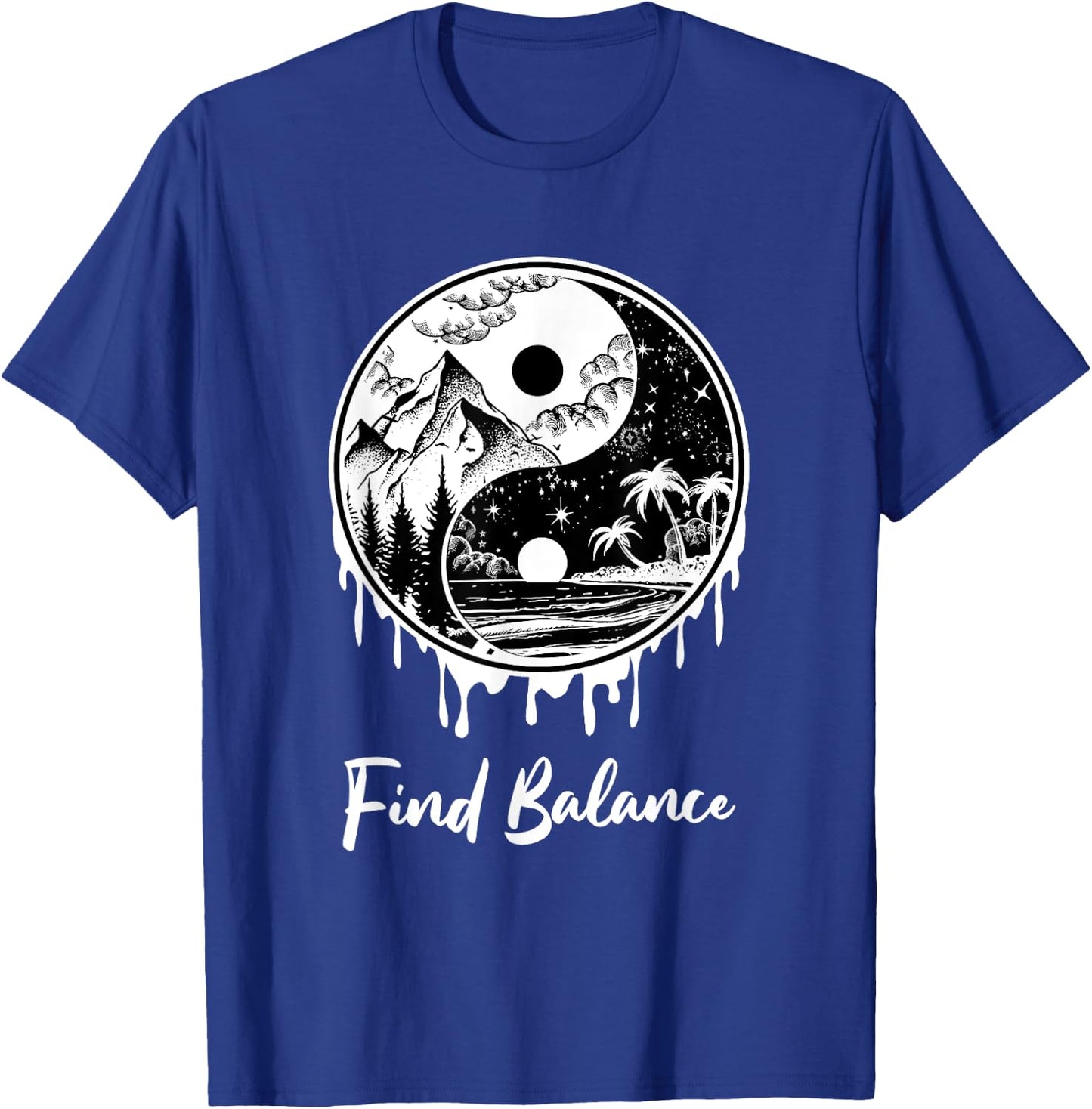 Yin Yang Find Balance Symbol Nature Night Day Mountain Beach Men Women T-Shirt - T-Shirt | Royal