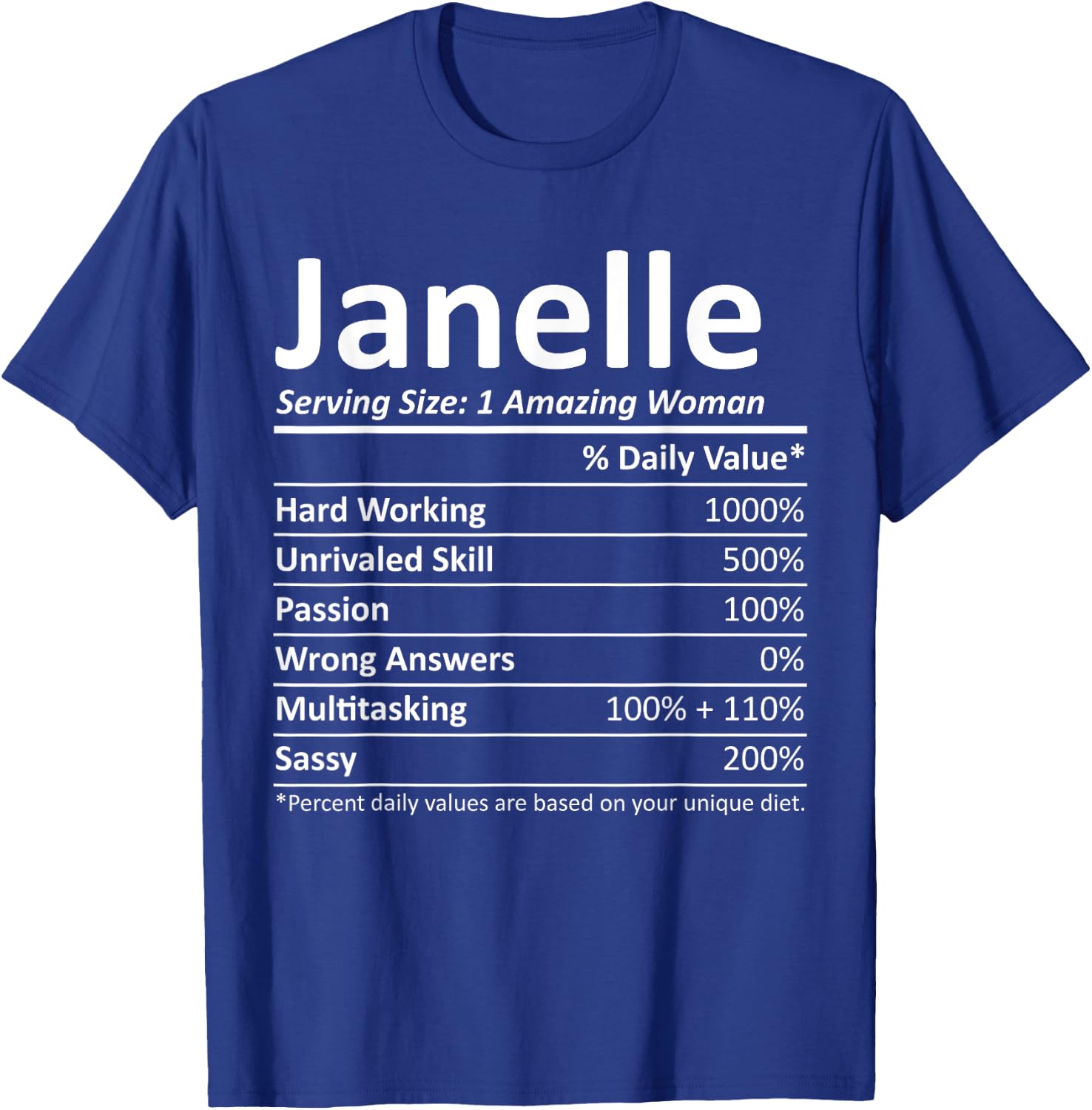 Custom Girl Women Mom Fun Birthday Nutrition Facts Janelle Personalized Name Funny T-Shirt - T-Shirt | Royal