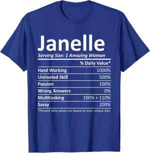 Custom Girl Women Mom Fun Birthday Nutrition Facts Janelle Personalized Name Funny T-Shirt - T-Shirt | Royal