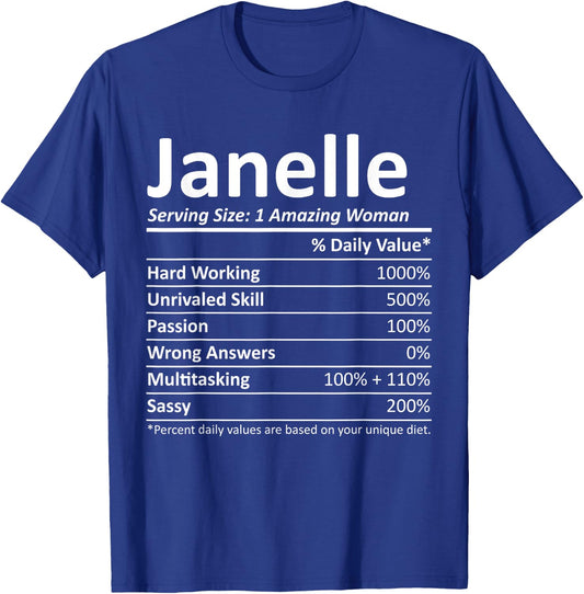 Custom Girl Women Mom Fun Birthday Nutrition Facts Janelle Personalized Name Funny T-Shirt - T-Shirt | Royal