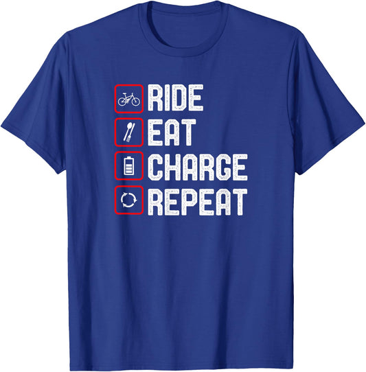 Ride Eat Charge Repeat Funny E-Bike T-Shirt - T-Shirt | Royal