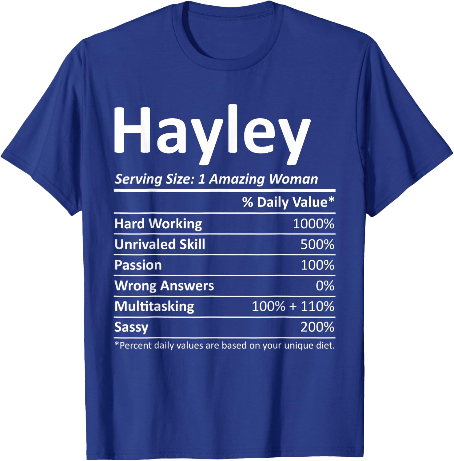 HAYLEY Nutrition Personalized Name Funny Christmas Idea T-Shirt - T-Shirt | Royal