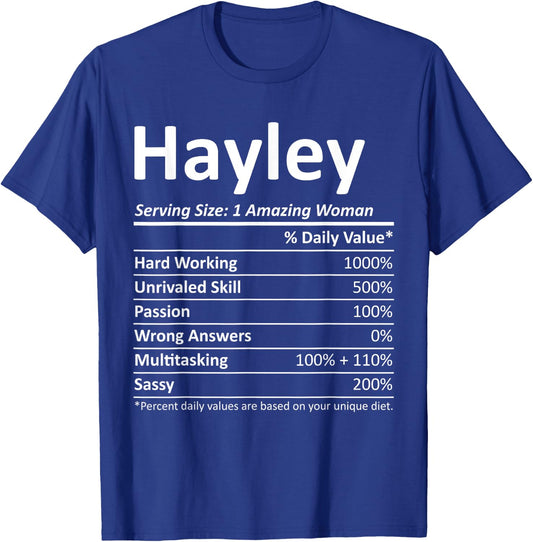 HAYLEY Nutrition Personalized Name Funny Christmas Idea T-Shirt - T-Shirt | Royal